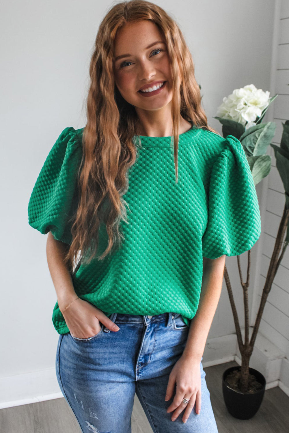 Sea Green Solid Textured O Neck Puff Sleeve Blouse eAura