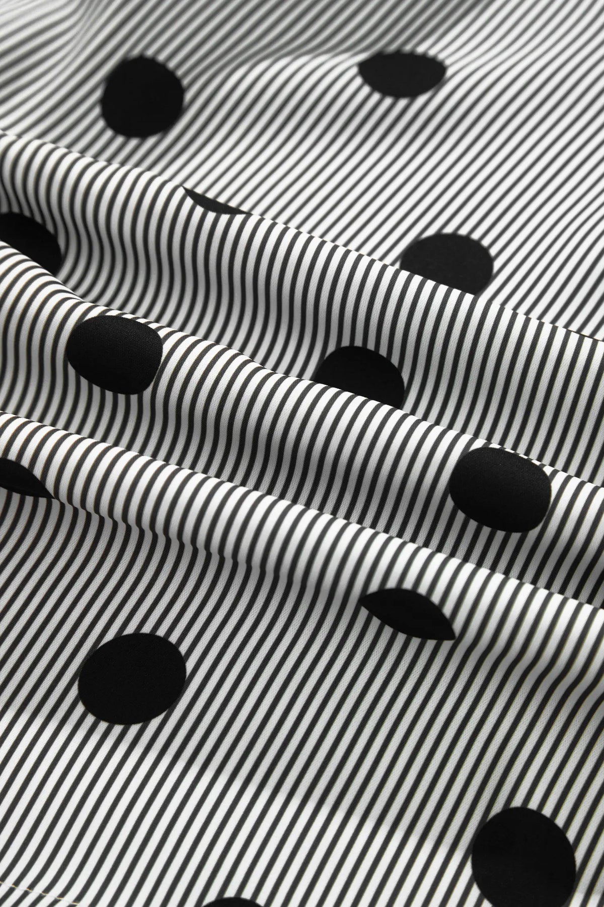 Polka Dot Striped Print Ruffle Stand Neck 3/4 Sleeve Shift Shirt – Black White