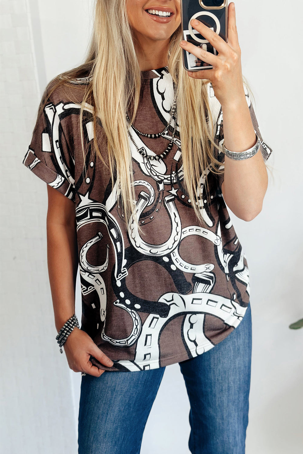 Brown Lucky Horseshoes Graphic Dolman T-shirt eAura