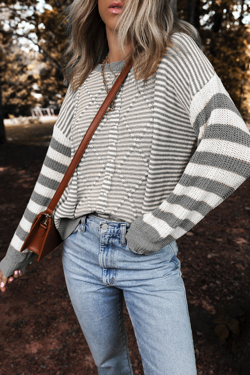 Red Stripe Geometric Textured Drop Shoulder Sweater eAura