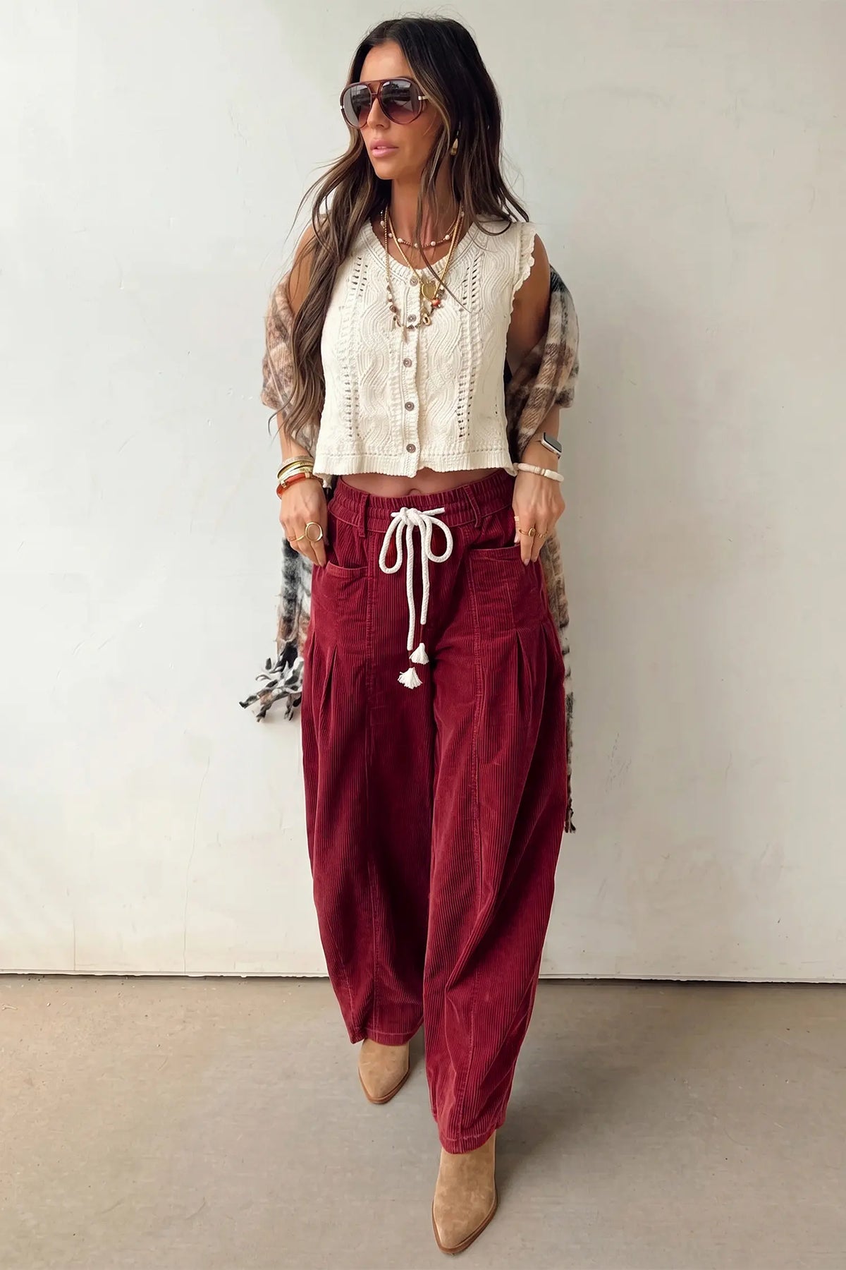 Elastic Waist Drawstring Ribbed Casual Pants – Racing Red