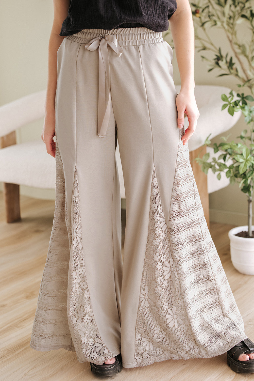 Smoke Gray Boho Lace Patchwork Wide Leg High Waist Trousers - BB Fashion Outlet