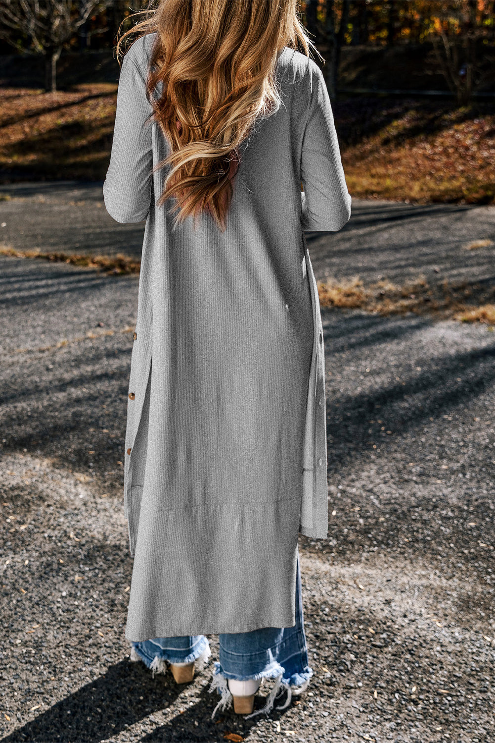 Light French Beige Ribbed Button-Up Split Duster Cardigan eAura