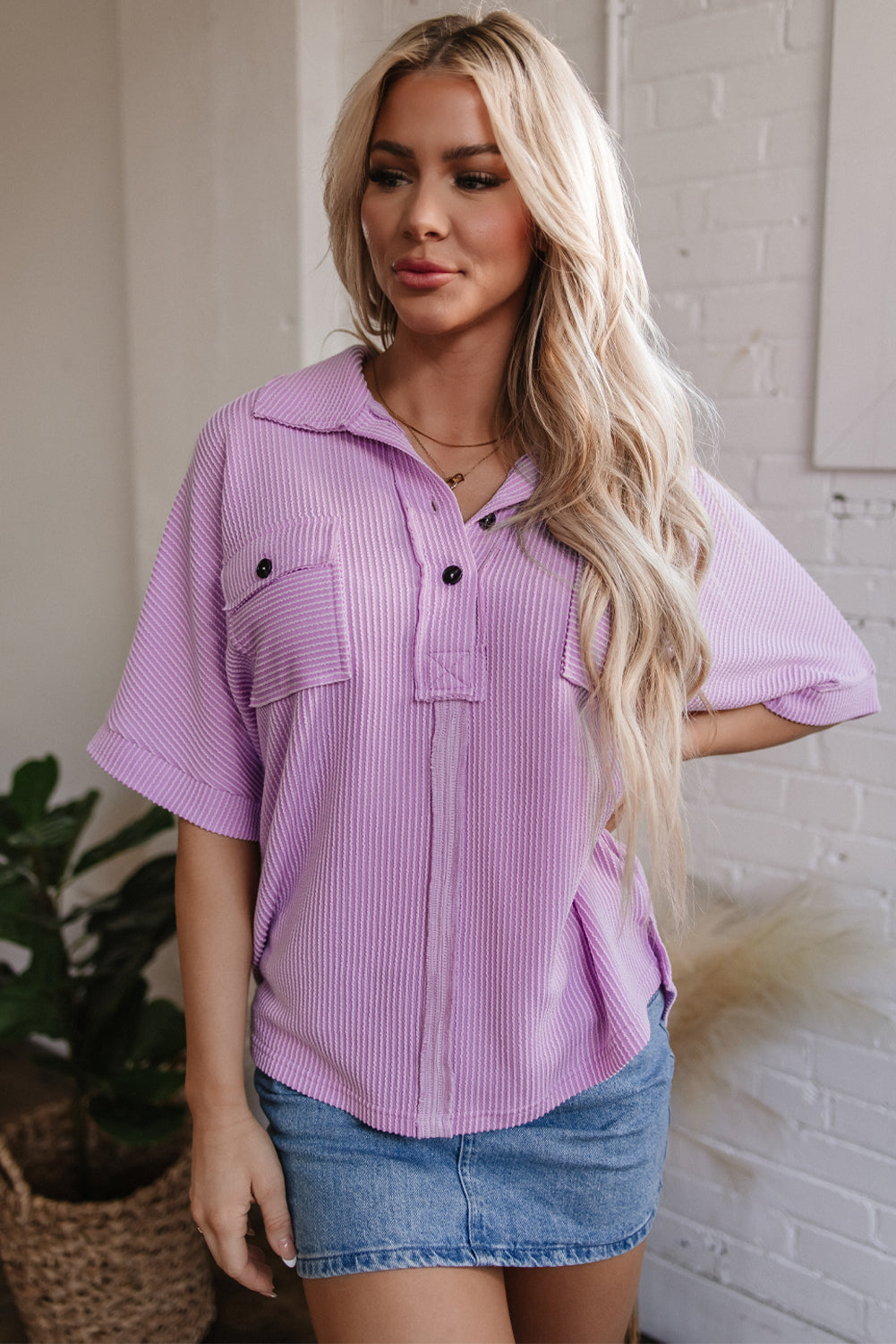 Orchid Bouquet Ribbed Flap Pocket Collared Buttoned Short Sleeve Top eAura