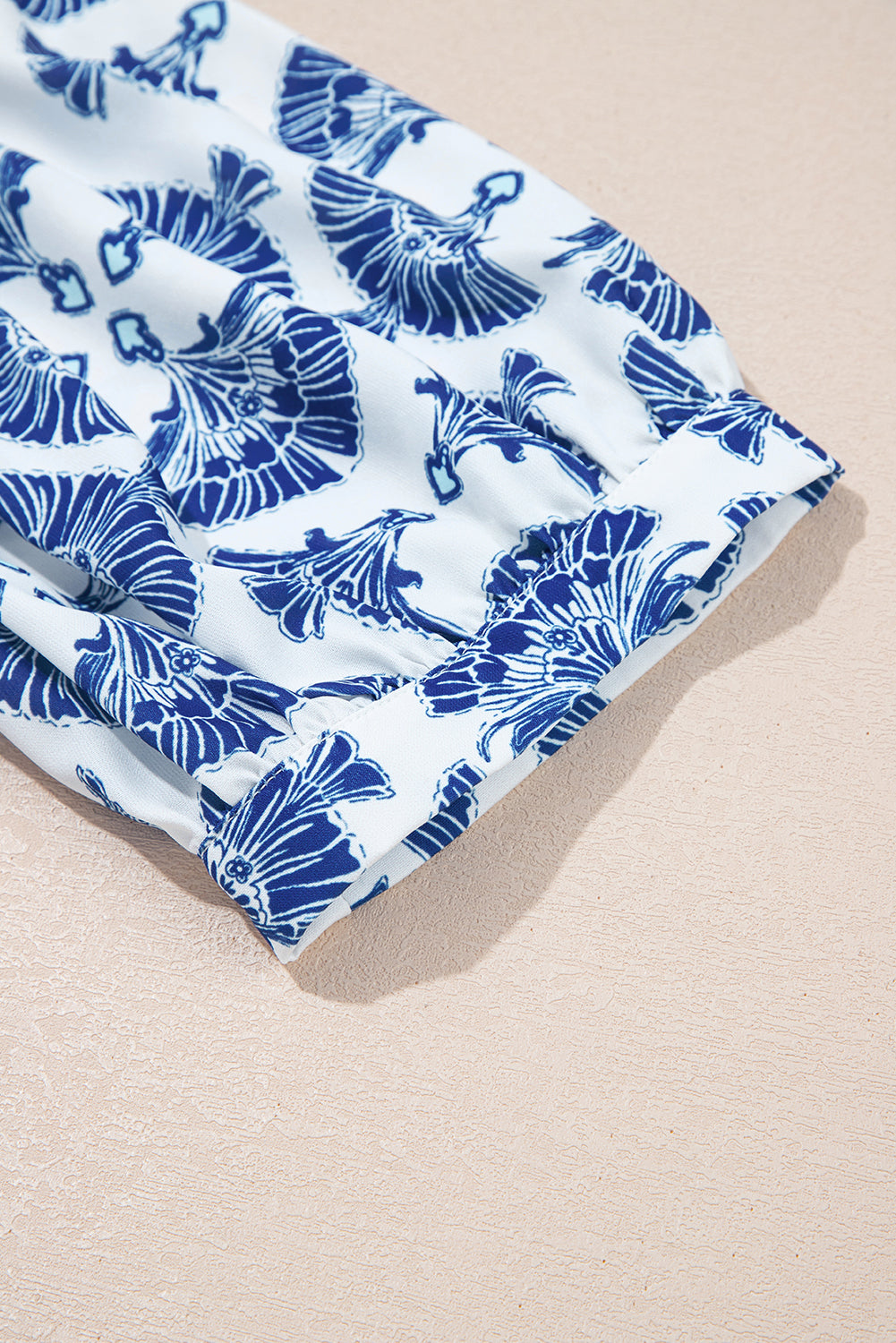 Blue Geometric Print Tassel Drawstring V-Neck Blouse eAura