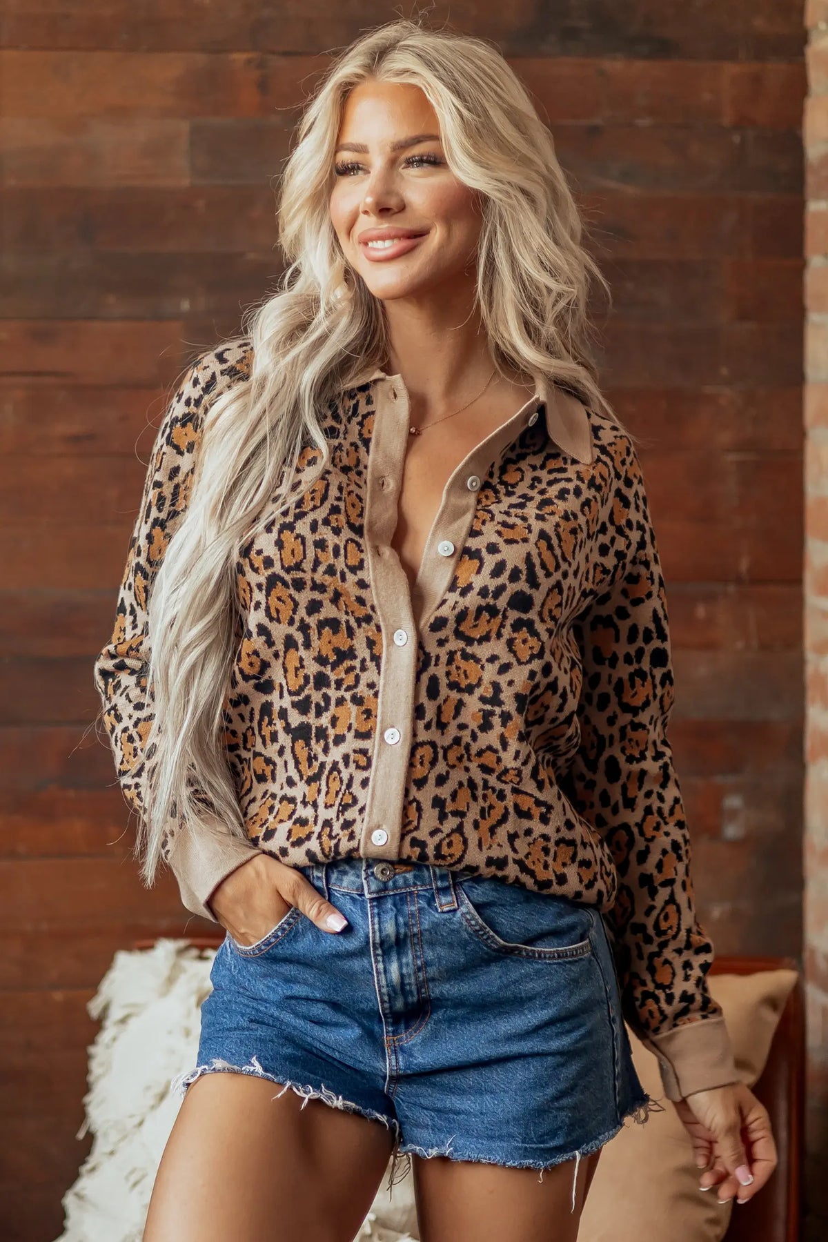 Leopard Print Button-Up Cardigan Long Sleeve Cardigans – Brown