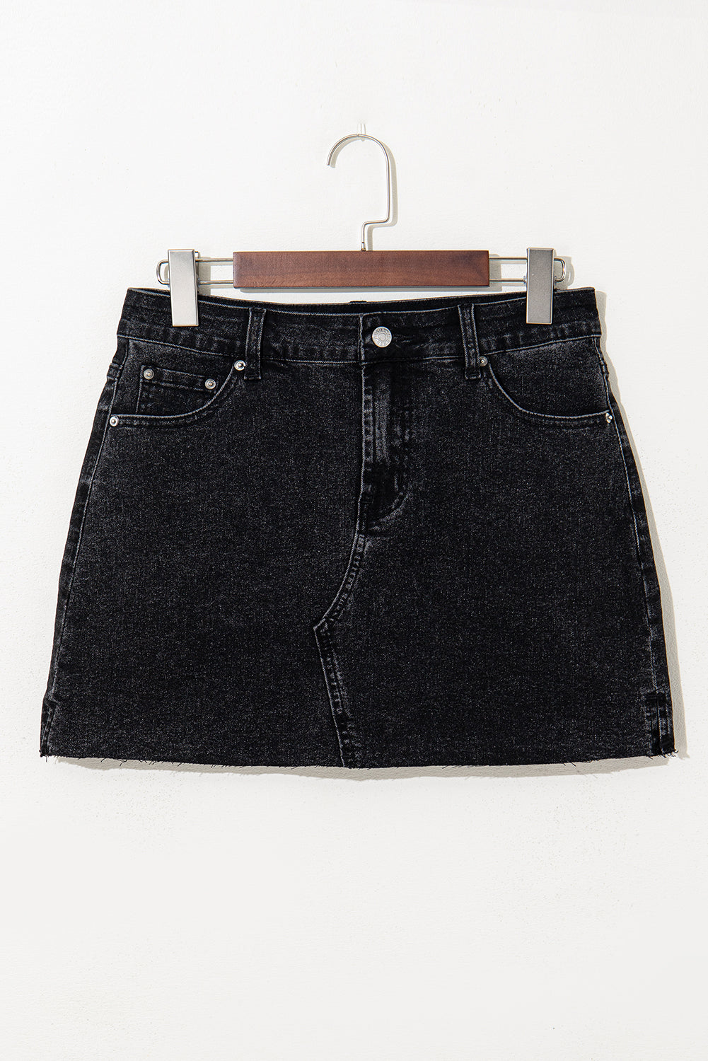 Carbon Grey Mineral Wash Ripped Raw Hem Denim Mini Skirt BB Fashion Outlet