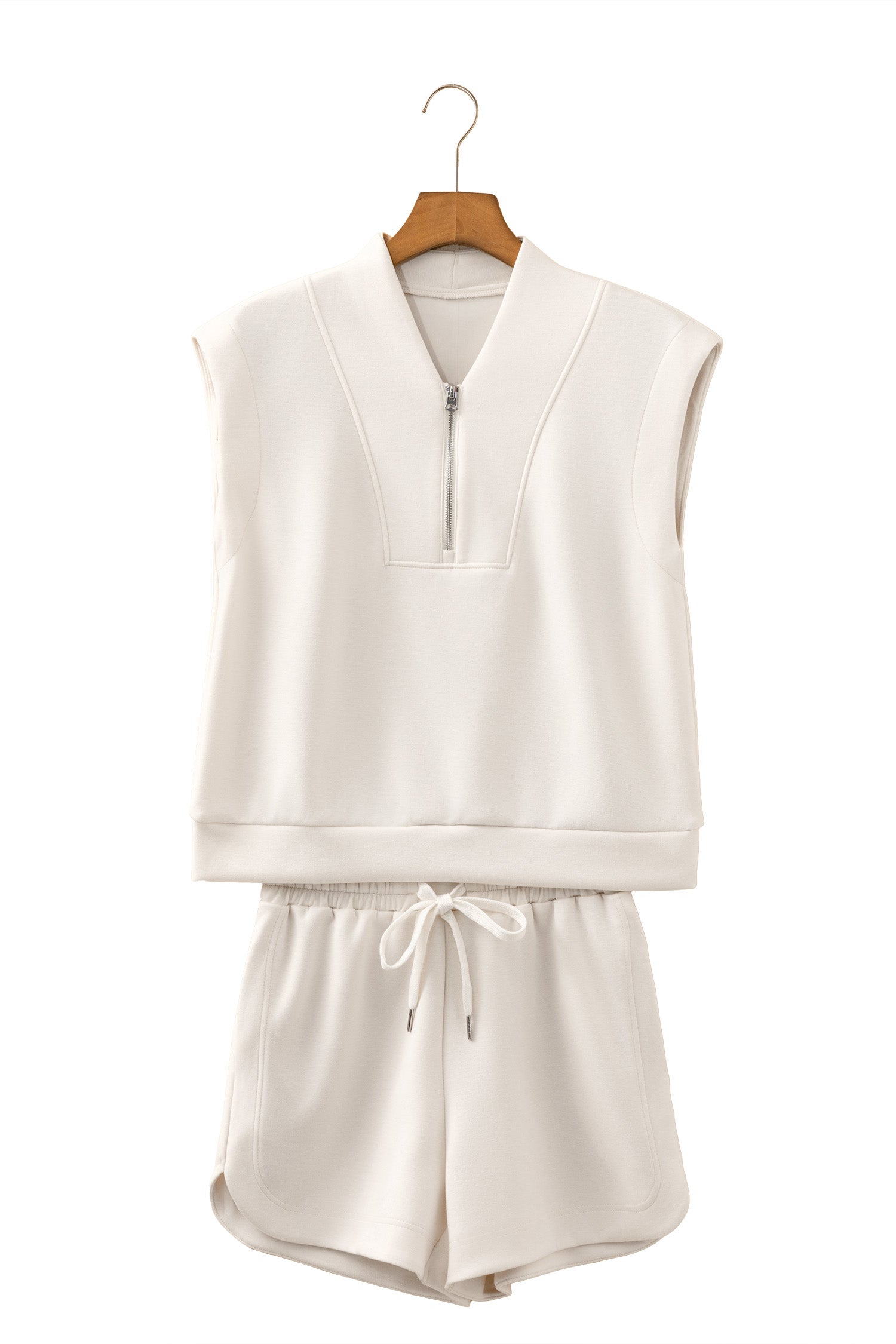 Quarter Zip Sleeveless Top Drawstring Shorts Casual 2pcs Outfit – Oatmeal