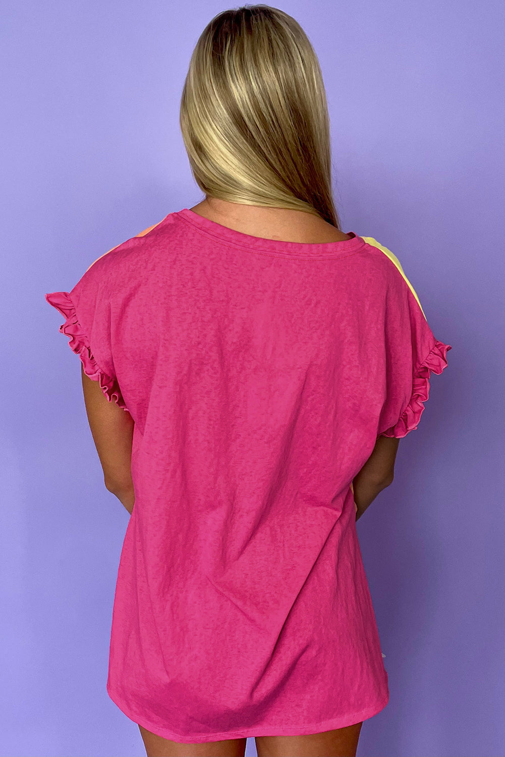 Rose Red Colour Block Ruffled Crew Neck Loose Fit T Shirt eAura