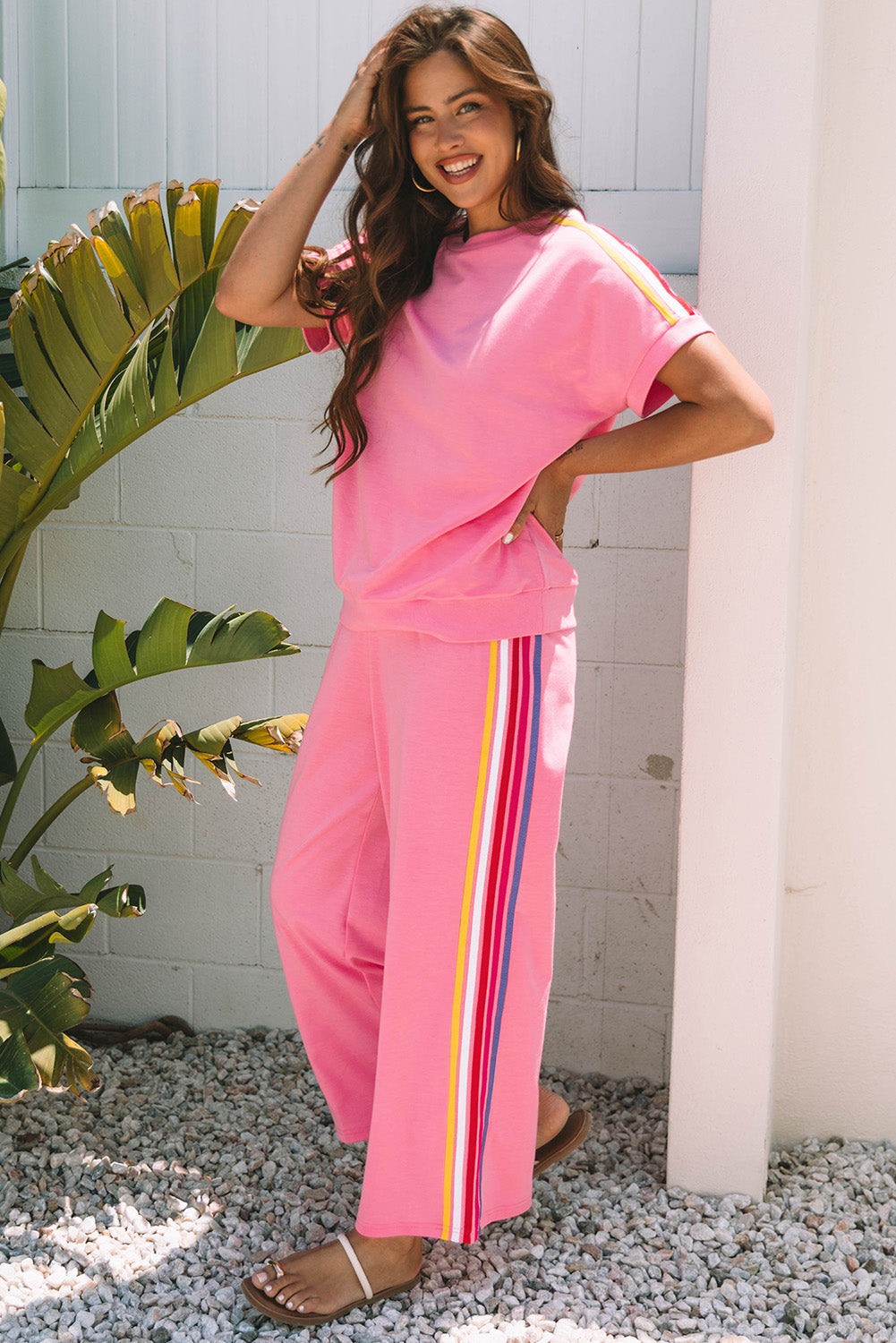 Contrast Crewneck T Shirt and Wide Leg High Waist Trousers Co-ord eAura