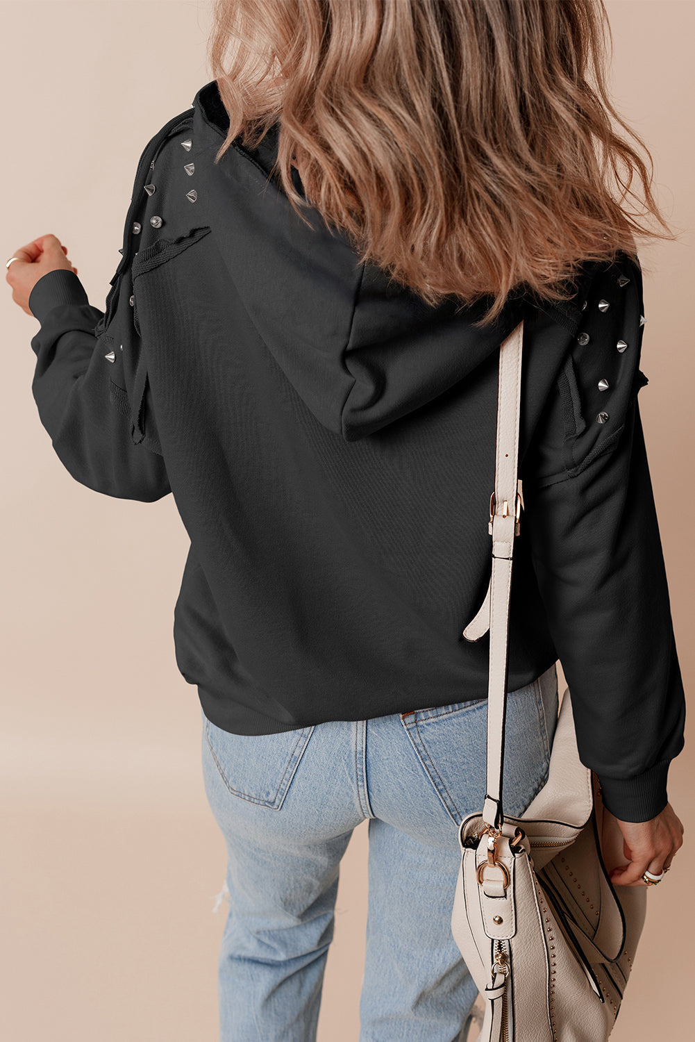 Fushia Solid Color Rivet Stud Raglan Sleeve Hoodie with Pocket BB Fashion Outlet