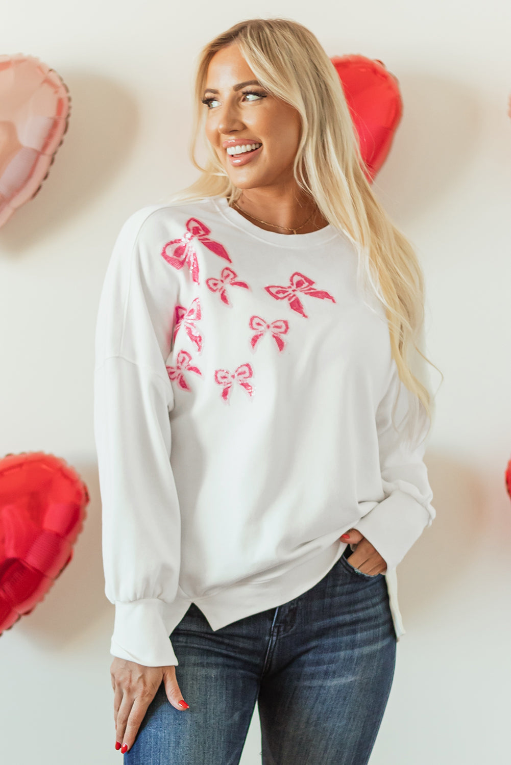 White Sequin Bowknot High Low Oversize Sweatshirt eAura