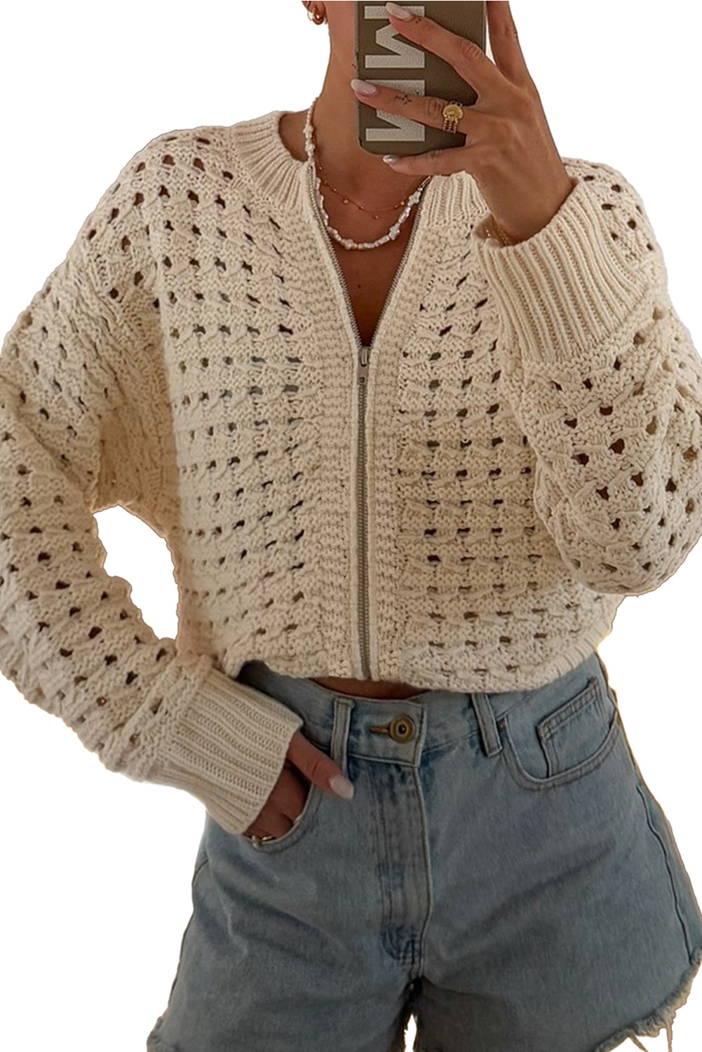 Beige Hollowed Knit Zip-Up Drop Shoulder Cardigan - eAura