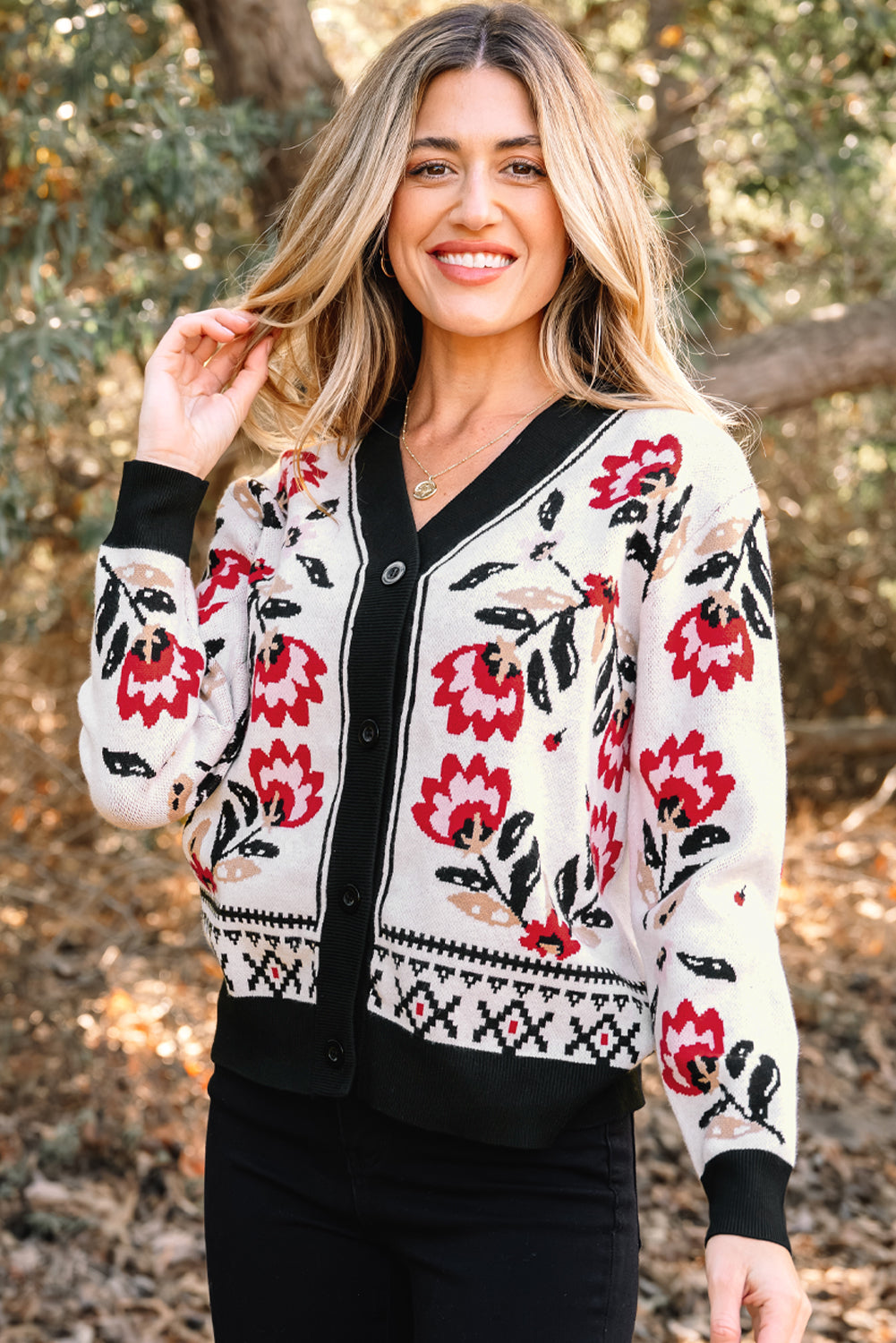 Floral Print Buttoned Front V-Neck Knit Cardigan - eAura