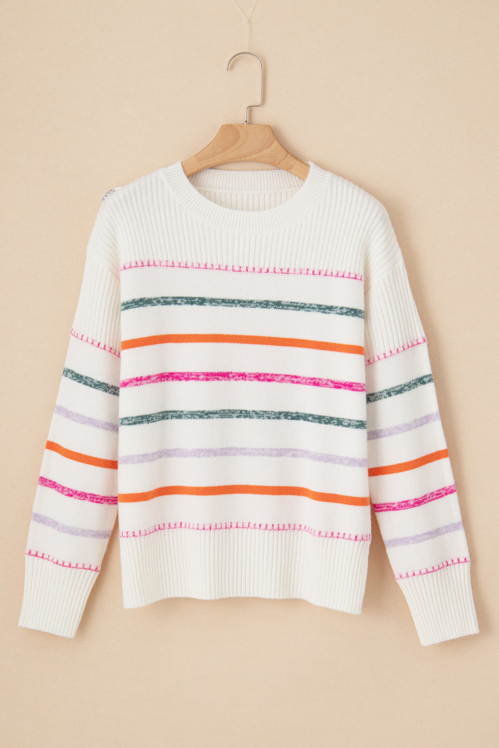 White Colourful Striped Ribbed Trim Sweater eAura