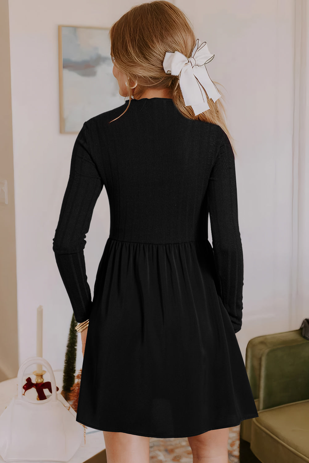 Black Frilled Neck Ribbed Knit Patchwork Long Sleeve Mini Dress Dear-Lover Dropshipping