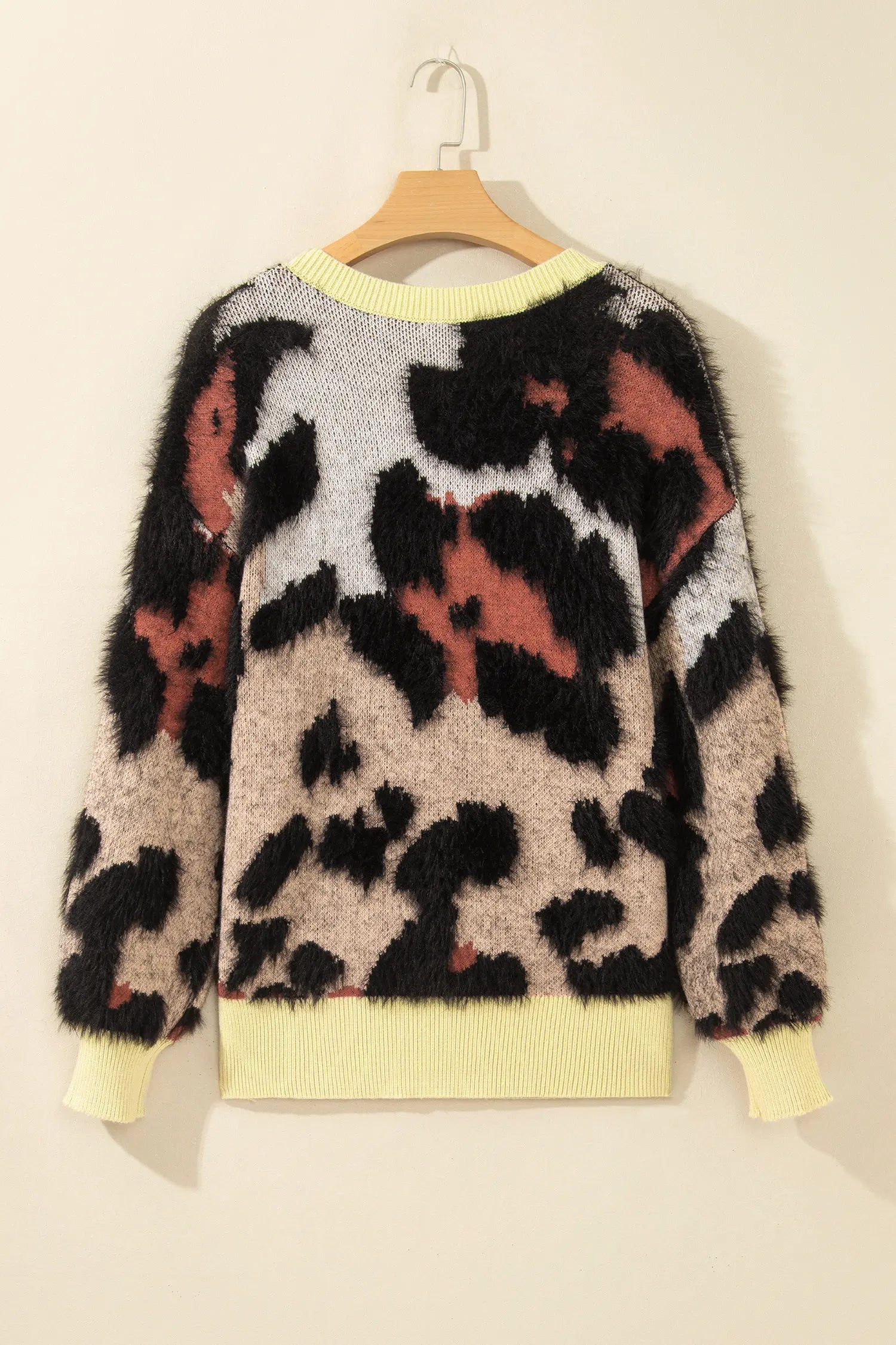 Leopard Print Drop Shoulder Long Sleeve Round Neck Sweater – Khaki