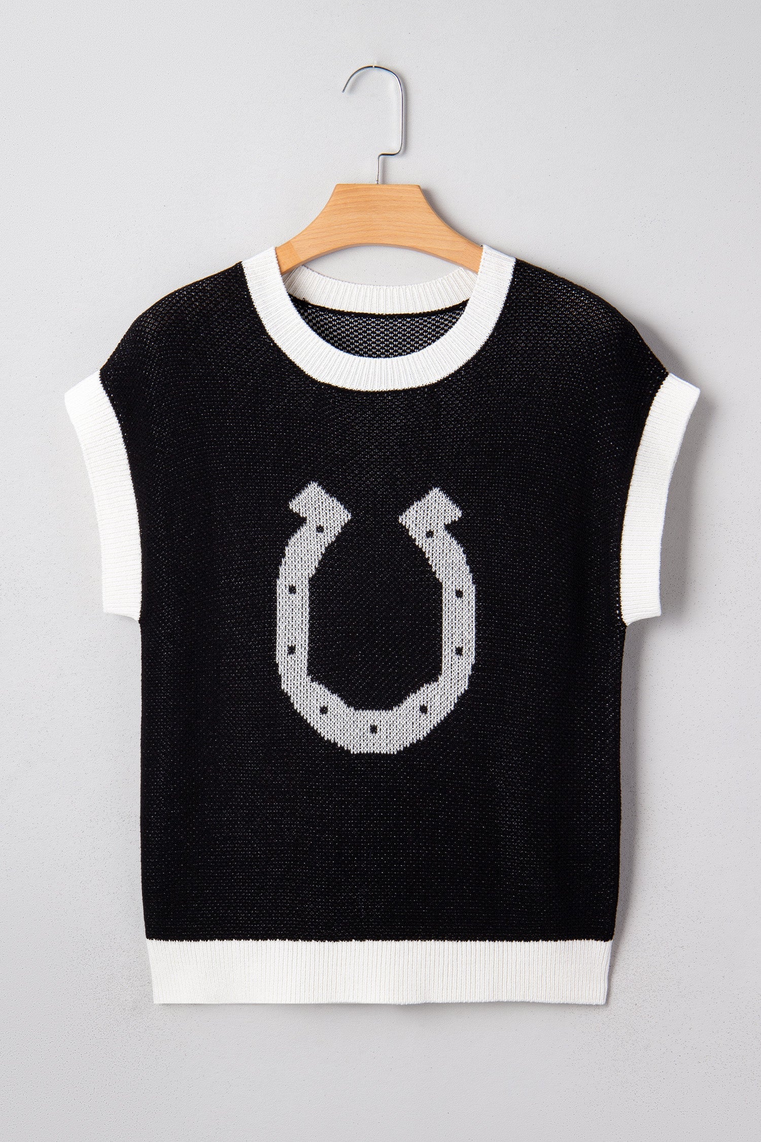 Black Horse Shoe Pattern Contrast Trim Short Sleeve Sweater - Sweaters & Cardigans/Short