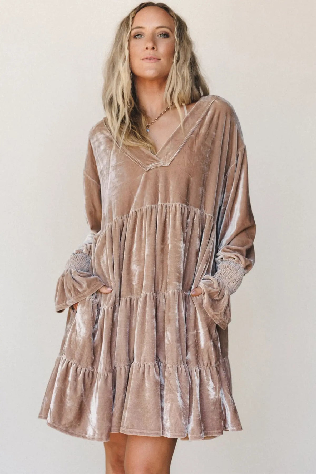 Velvet V-Neck Tiered Mini Dress