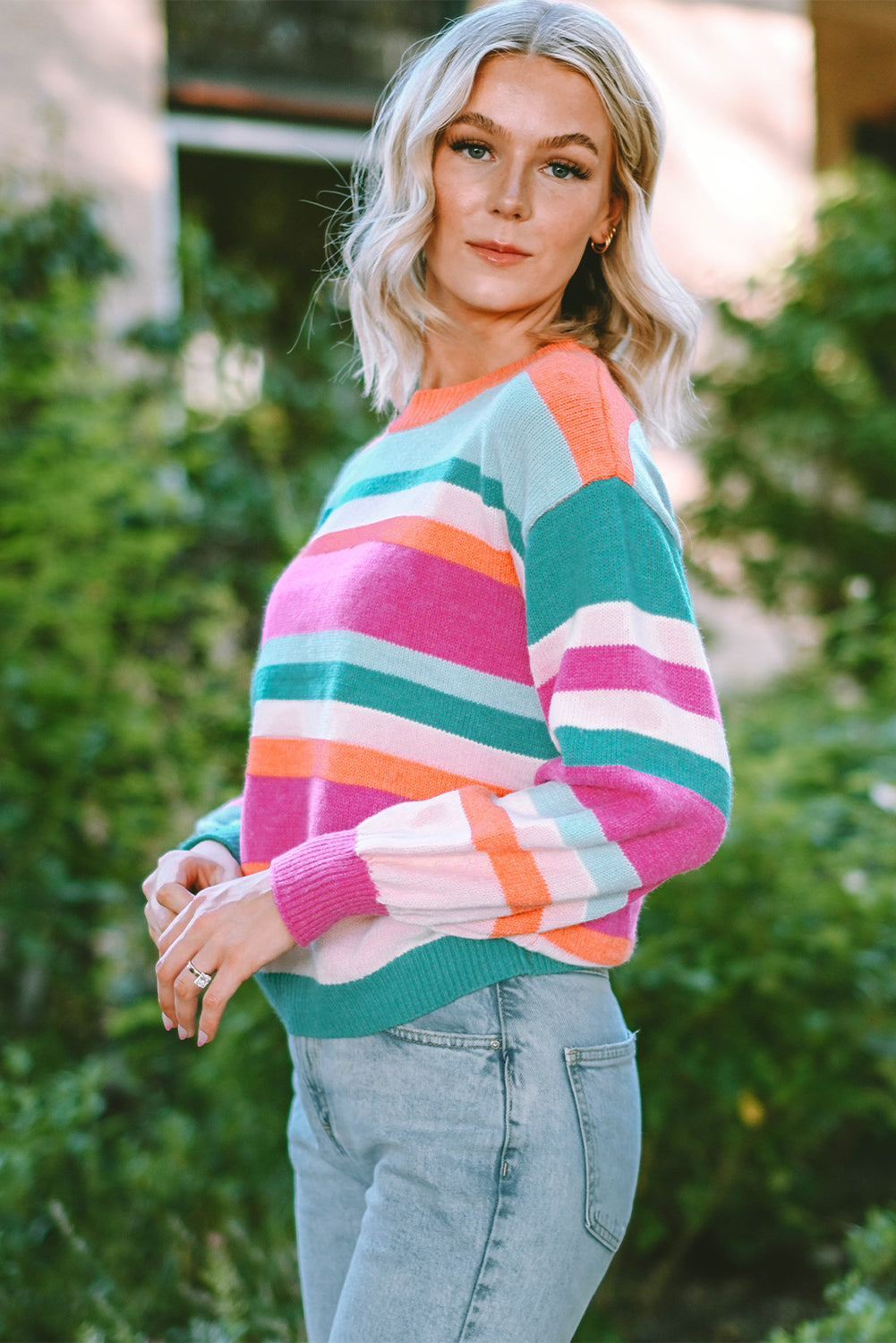 MultiColour Striped Knit Drop Shoulder Puff Sleeve Sweater eAura