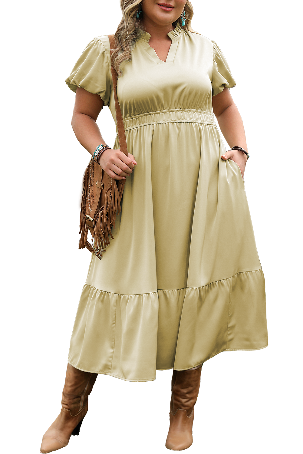 Laurel Green Notched V Neck Puff Sleeve Tiered Plus Size Maxi Dress BB Fashion Outlet