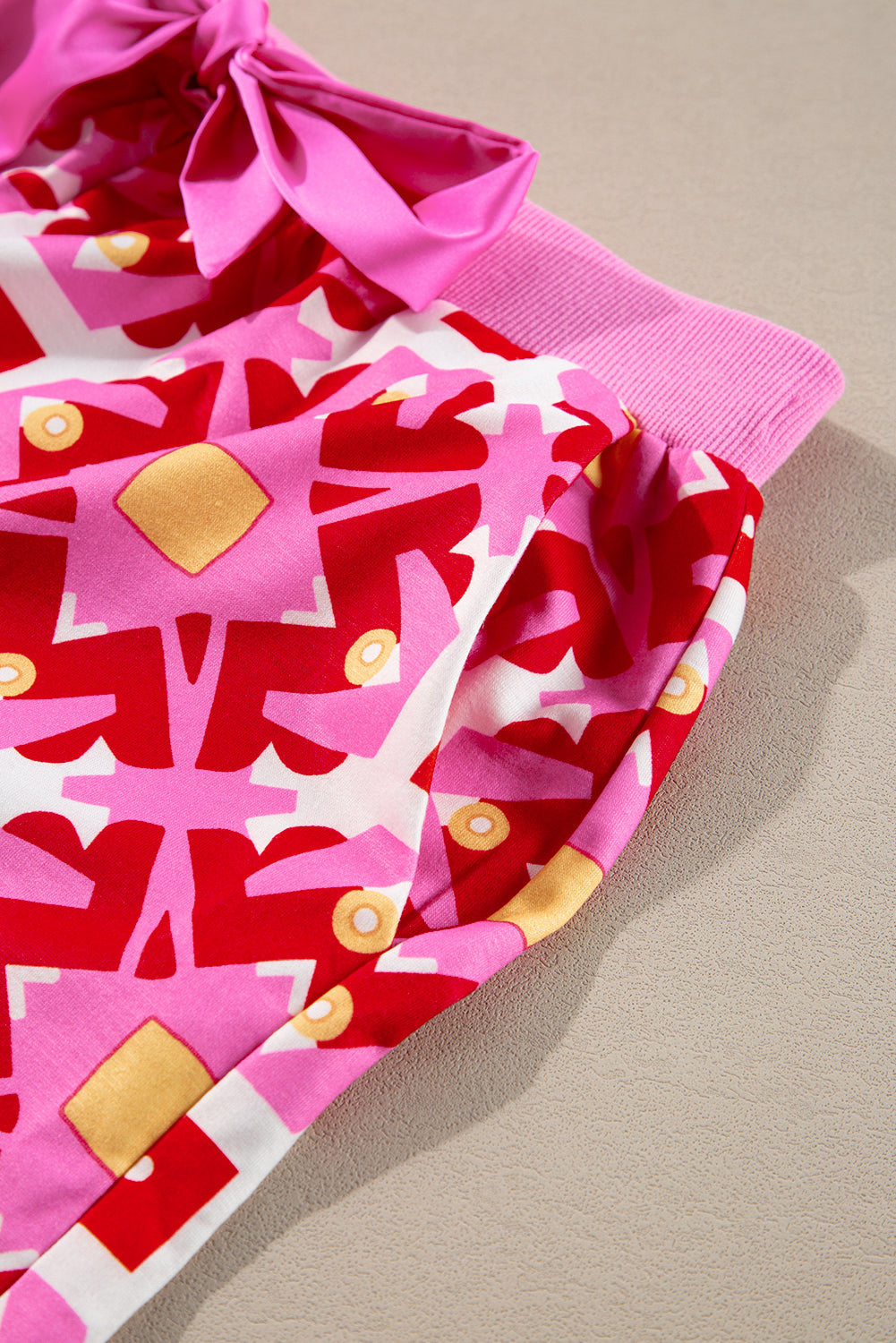 Sachet Pink Geometric Print Long Sleeve Top and Drawstring Shorts Set eAura