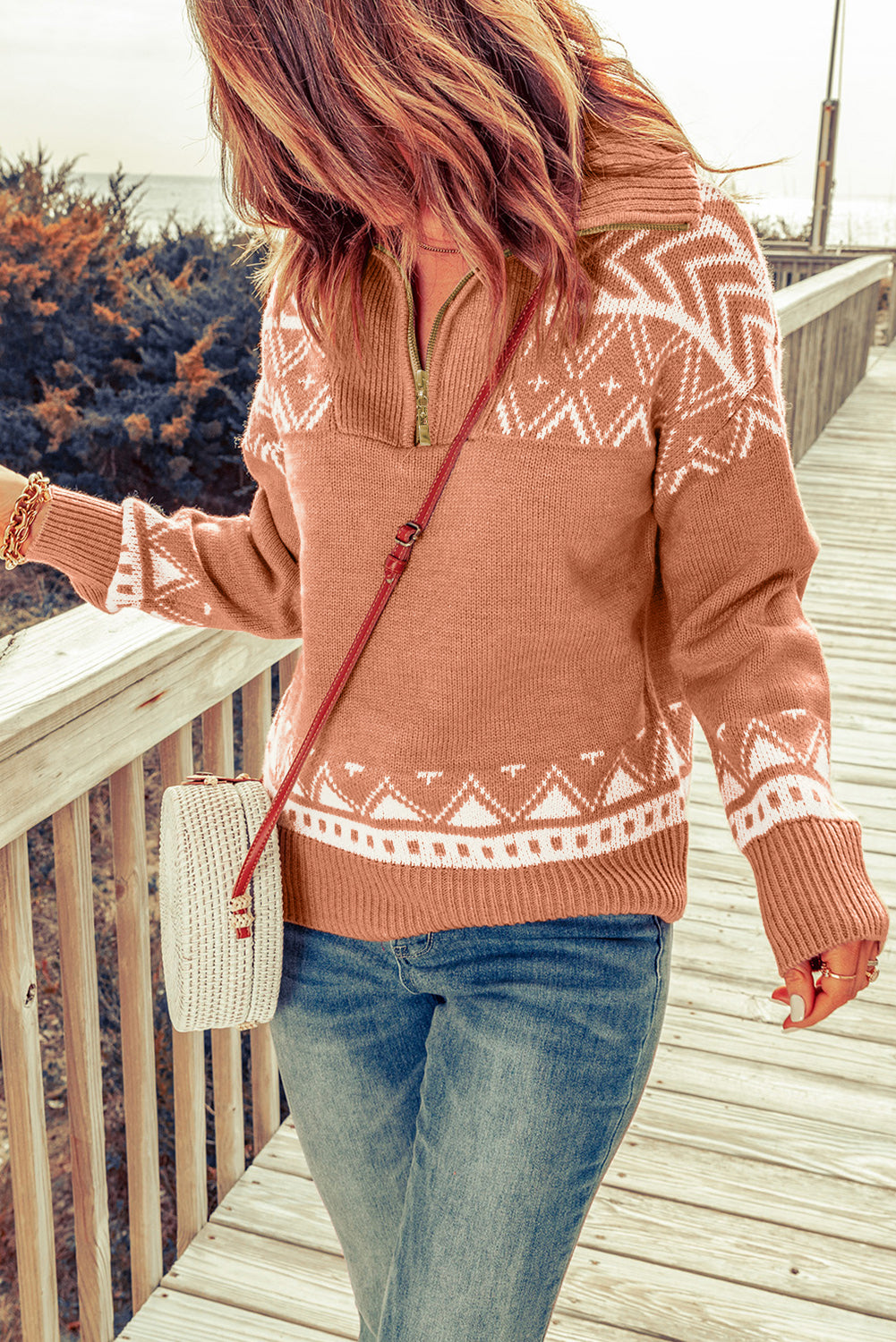 Pink Geometry Knit Quarter Zip Sweater eAura