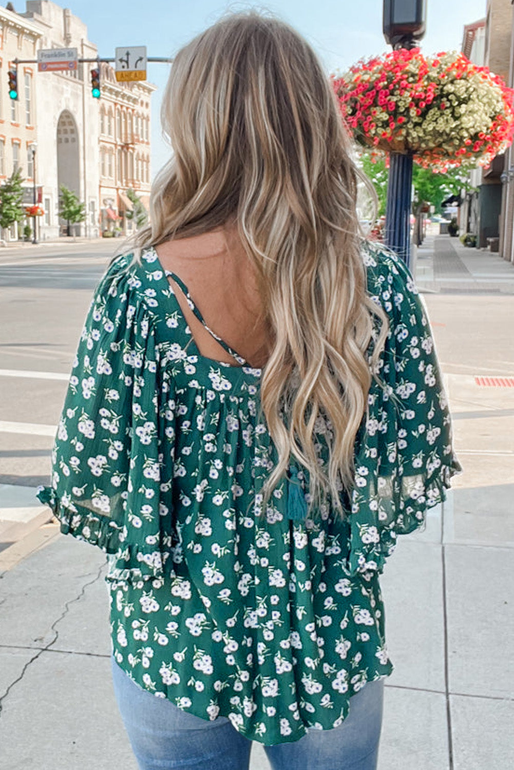 Green Floral Print Square Neck Ruffled Trim Plus Size Blouse BB Fashion Outlet