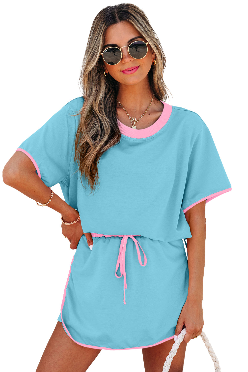 Turquoise Colourblock Edge Drop Shoulder T Shirt and Skirt Co-ord eAura