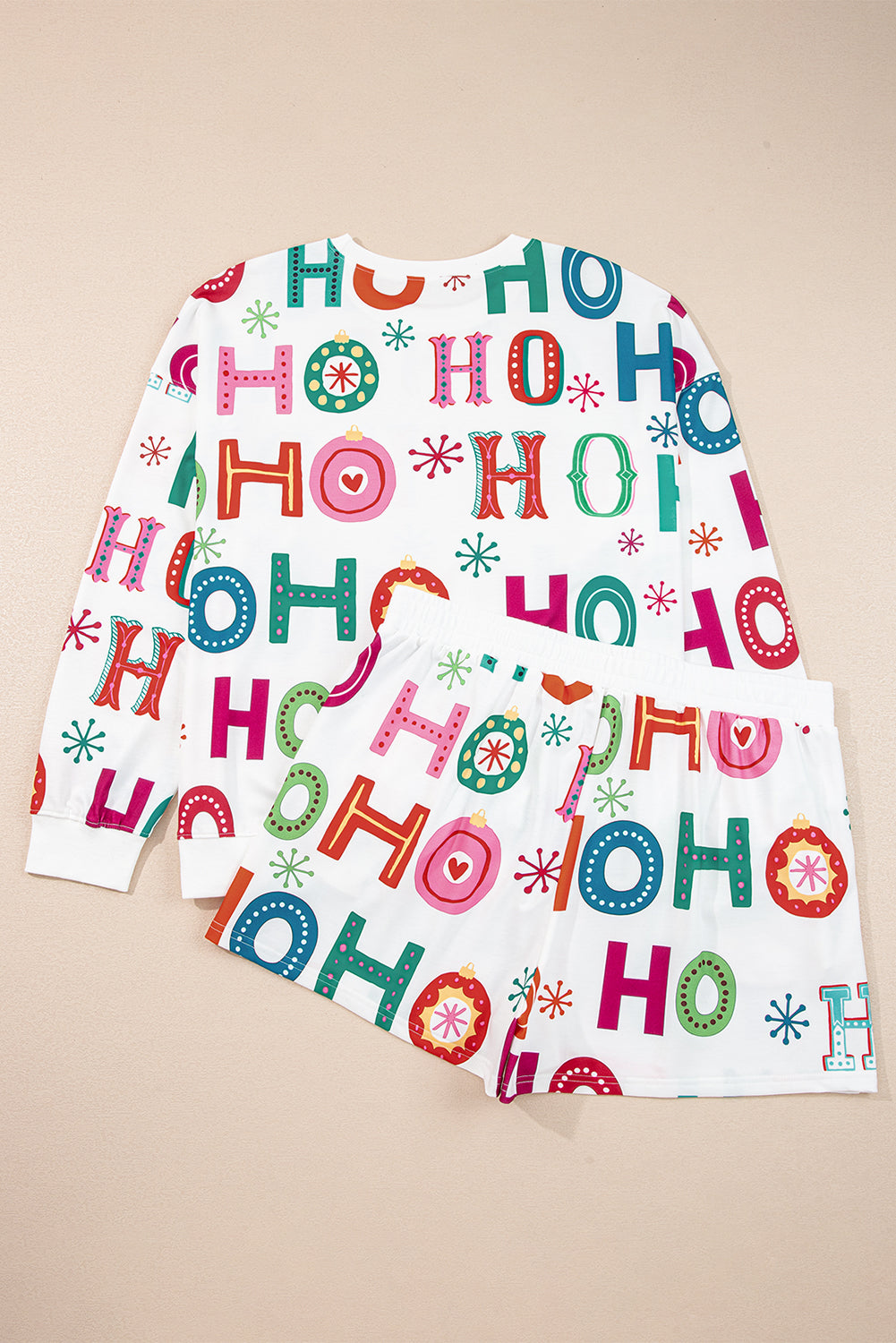 White Plus Size Christmas Ho Ho Ho Print Long Sleeve Top and Shorts 2pc Lounge Set eAura