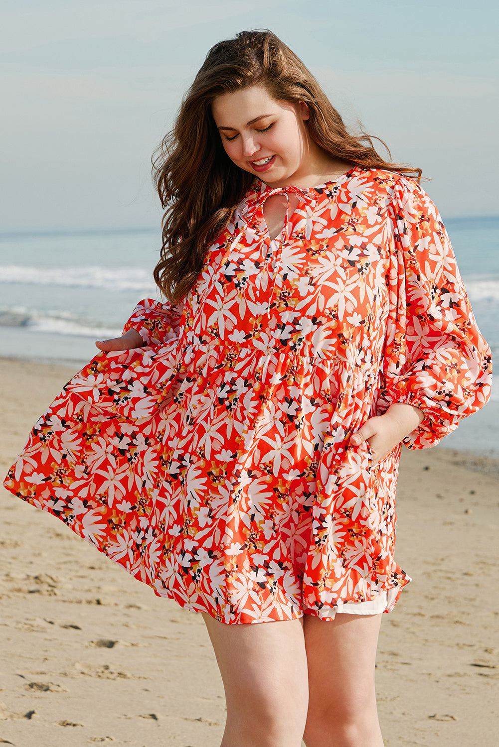 Orange Floral Print Split V Neck Bubble Sleeve Plus Size Midi Dress BB Fashion Outlet