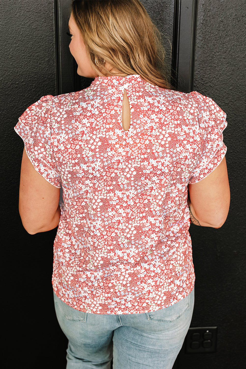 Pink Plus Size Floral Print Ruffled Sleeve Frilled Neck Blouse BB Fashion Outlet