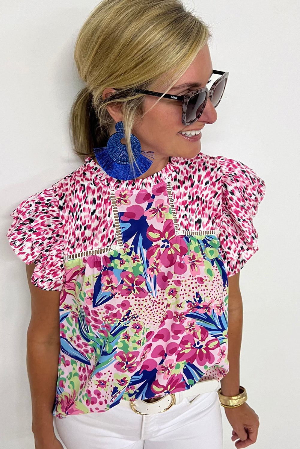 Pink Floral Mixed Print Ruffle Cap Sleeve Blouse eAura