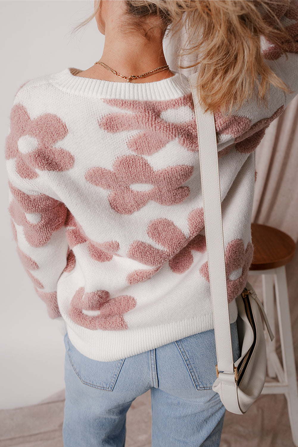 White Textured Flower Drop Shoulder Loose Sweater eAura