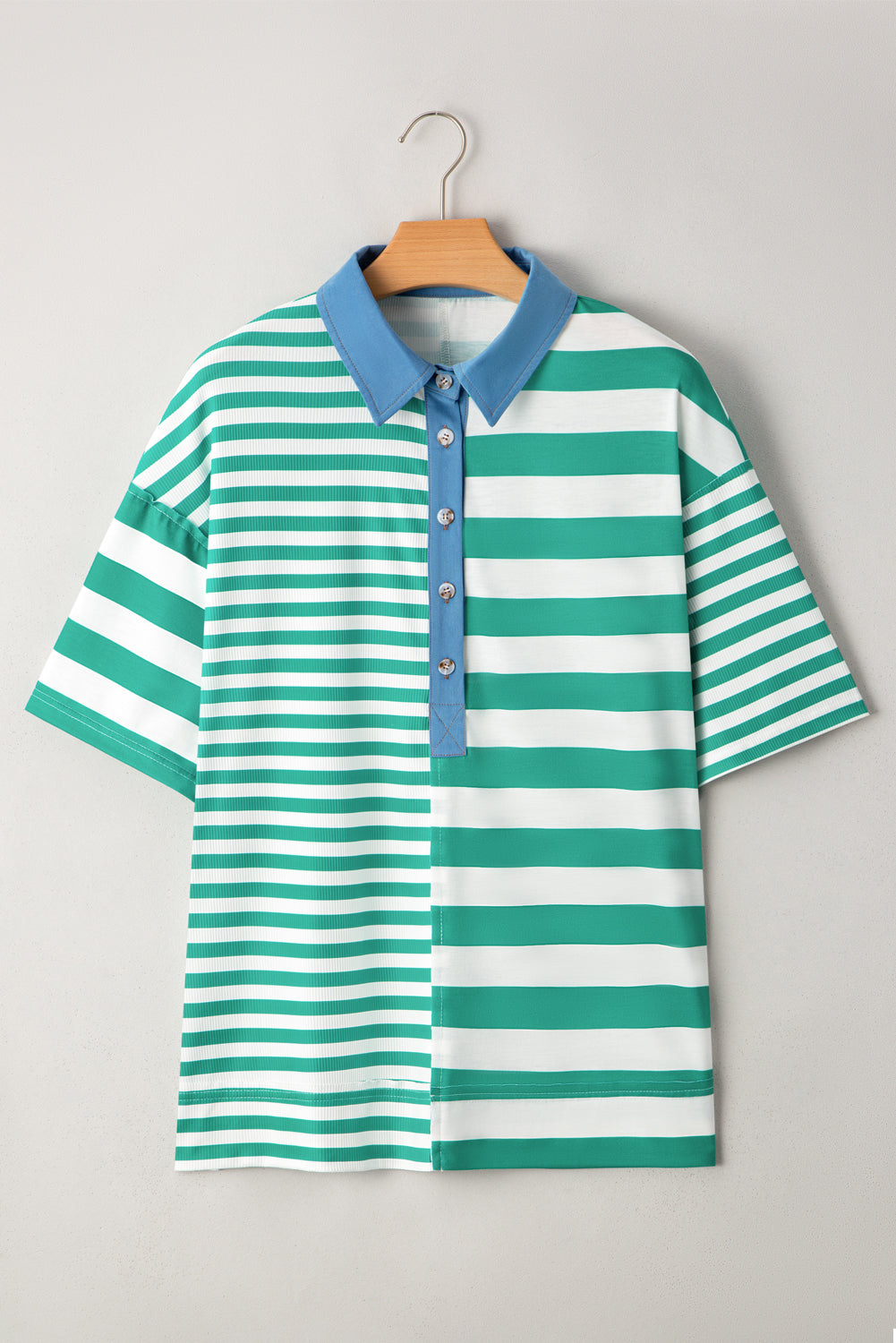 Green Stripe Colourblock Collar Half Buttons T Shirt eAura