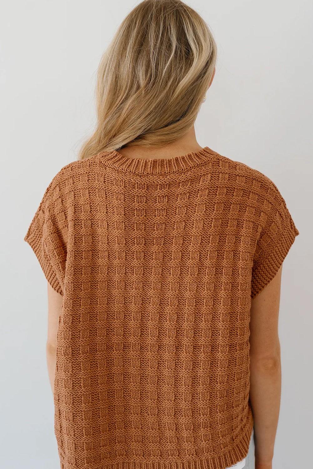 Camel Round Neck Textured Knit Sweater Vest eAura
