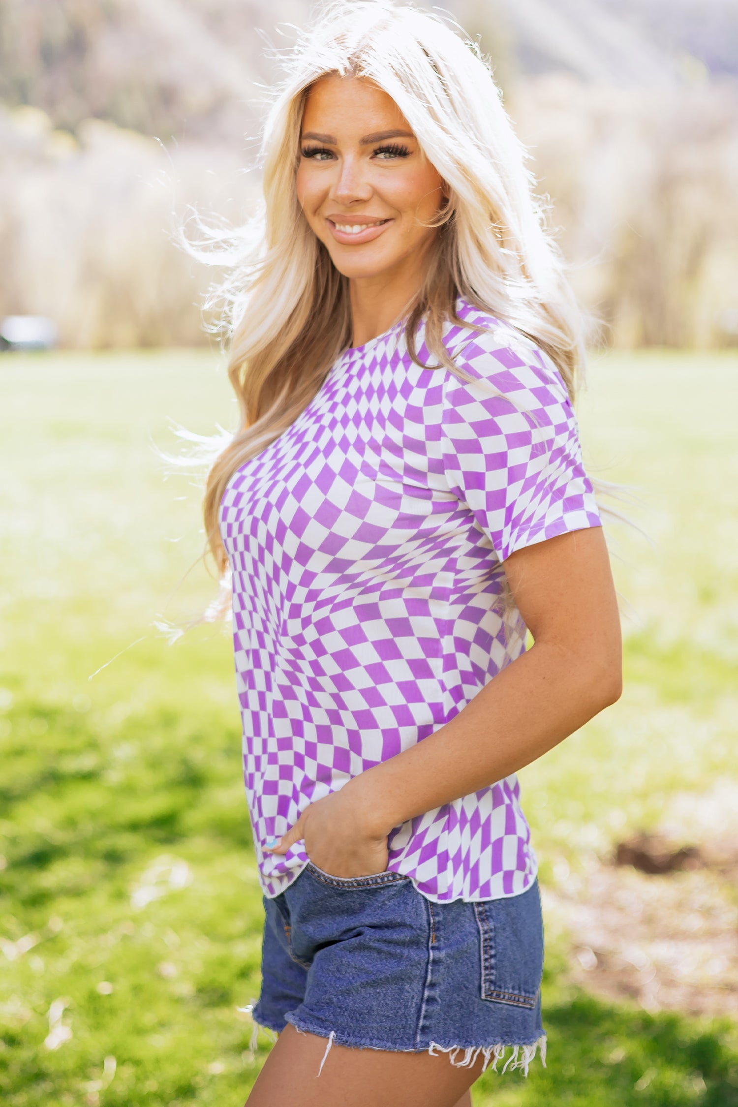 Checkered Print Crew Neck Mesh T-Shirt – Orange, Khaki, Black & Purple