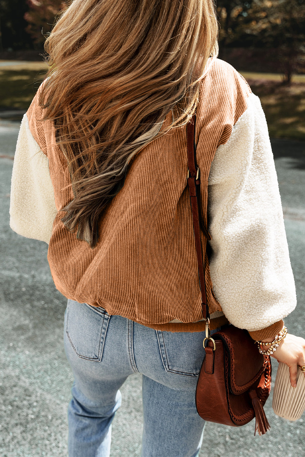 Buckskin Corduroy Fleece Patchwork Buttoned Bomber Jacket eAura