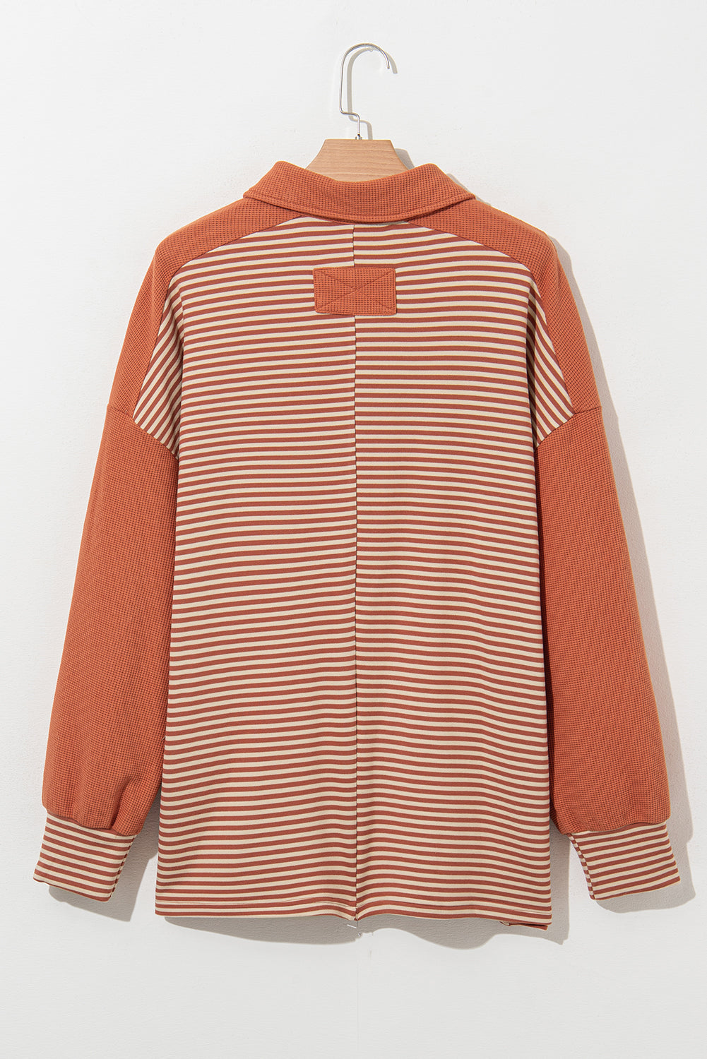 Red Stripe Textured Patched Drop Shoulder Buttoned Plus Size Sweatshirt BB Fashion Outlet