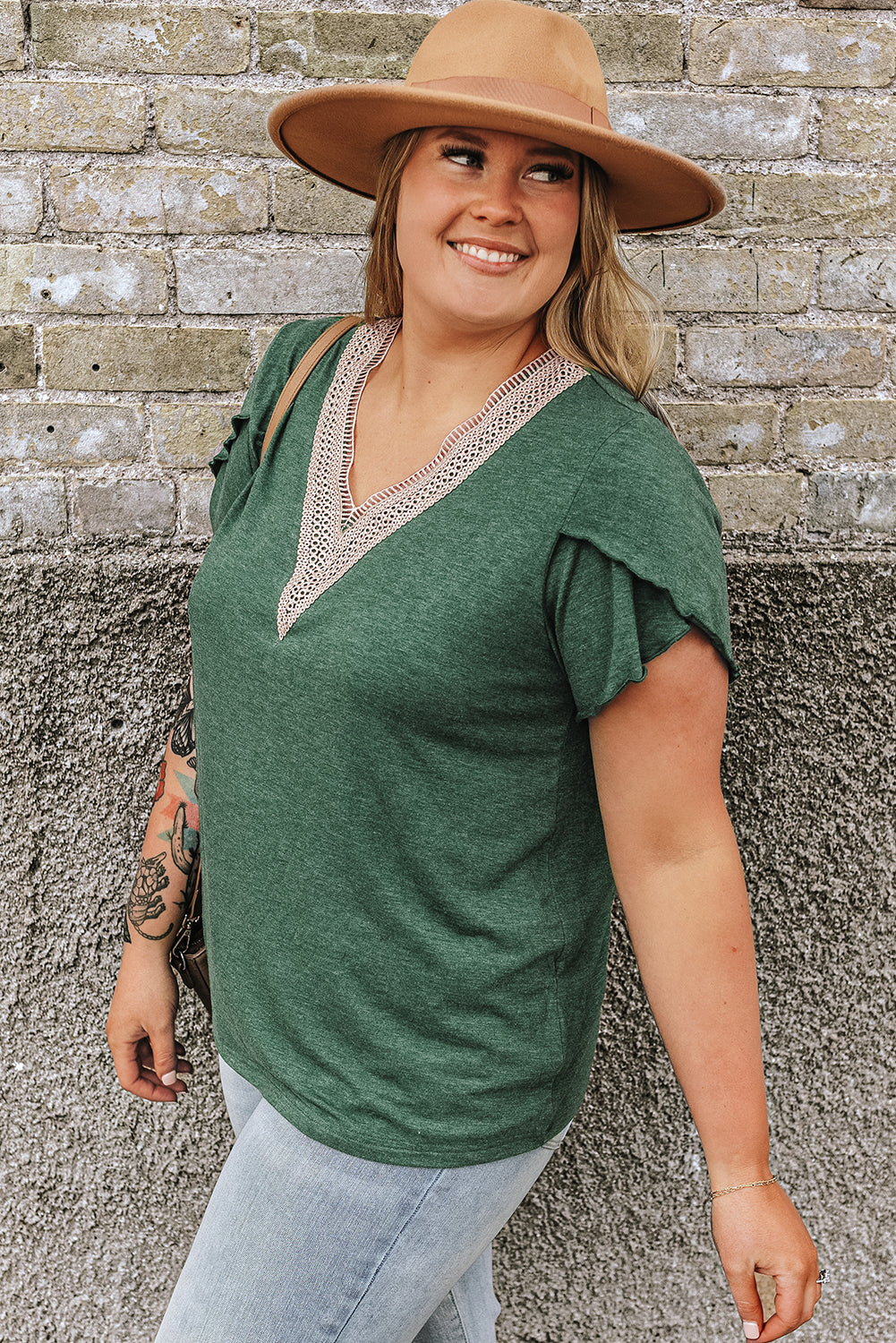 Blackish Green Plus Size Embroidery V Neck Draped Sleeve Blouse BB Fashion Outlet
