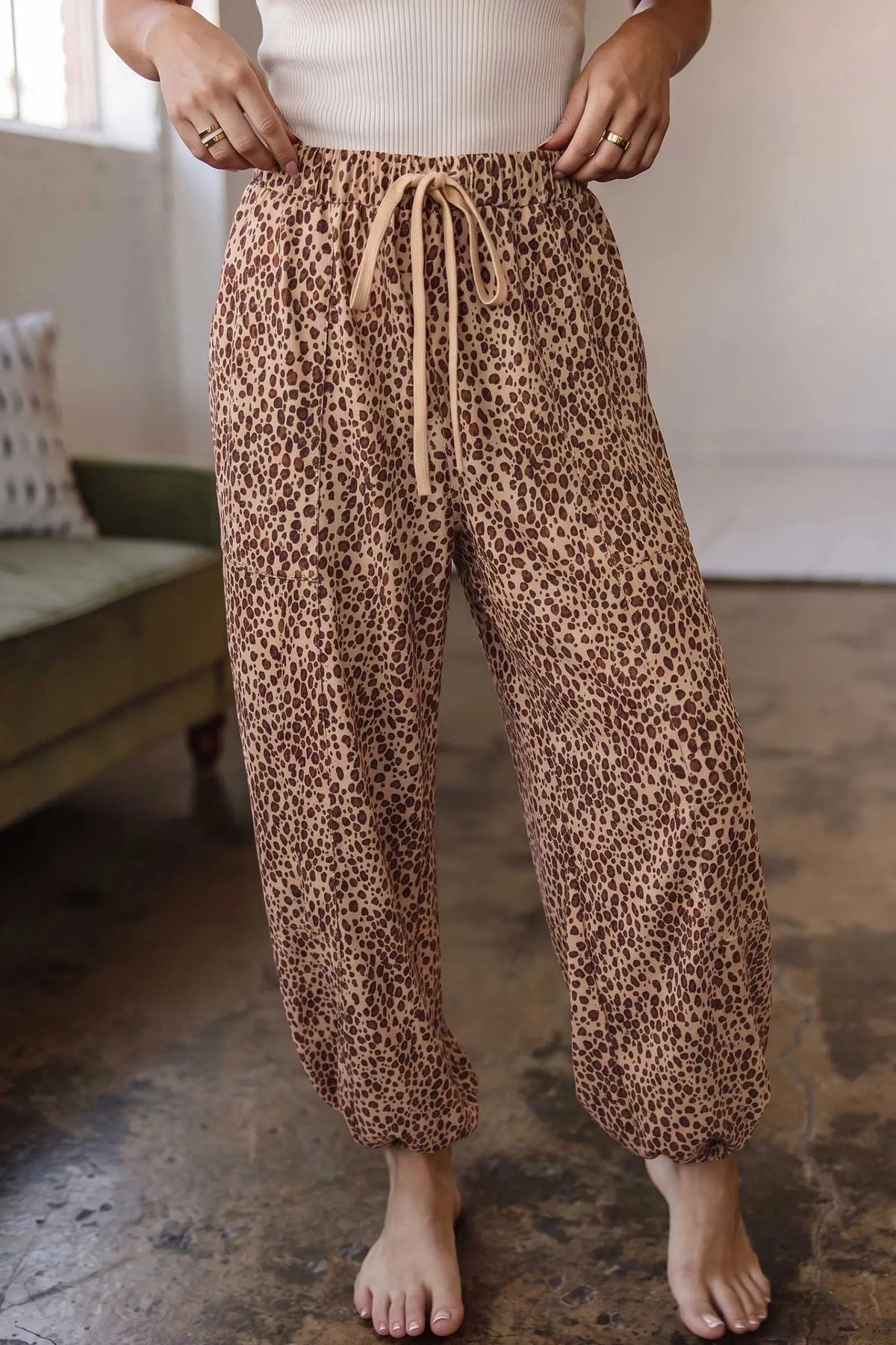 Leopard Print Drawstring Waist Patch Pockets Pants – Khaki