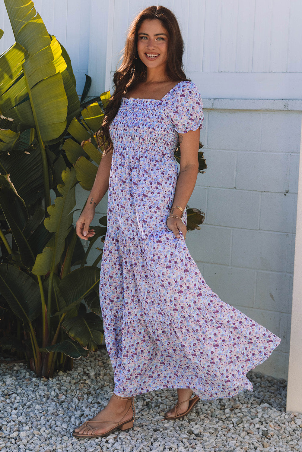 Purple Floral Short Bubble Sleeve Shirred High Waist Maxi Dress eAura