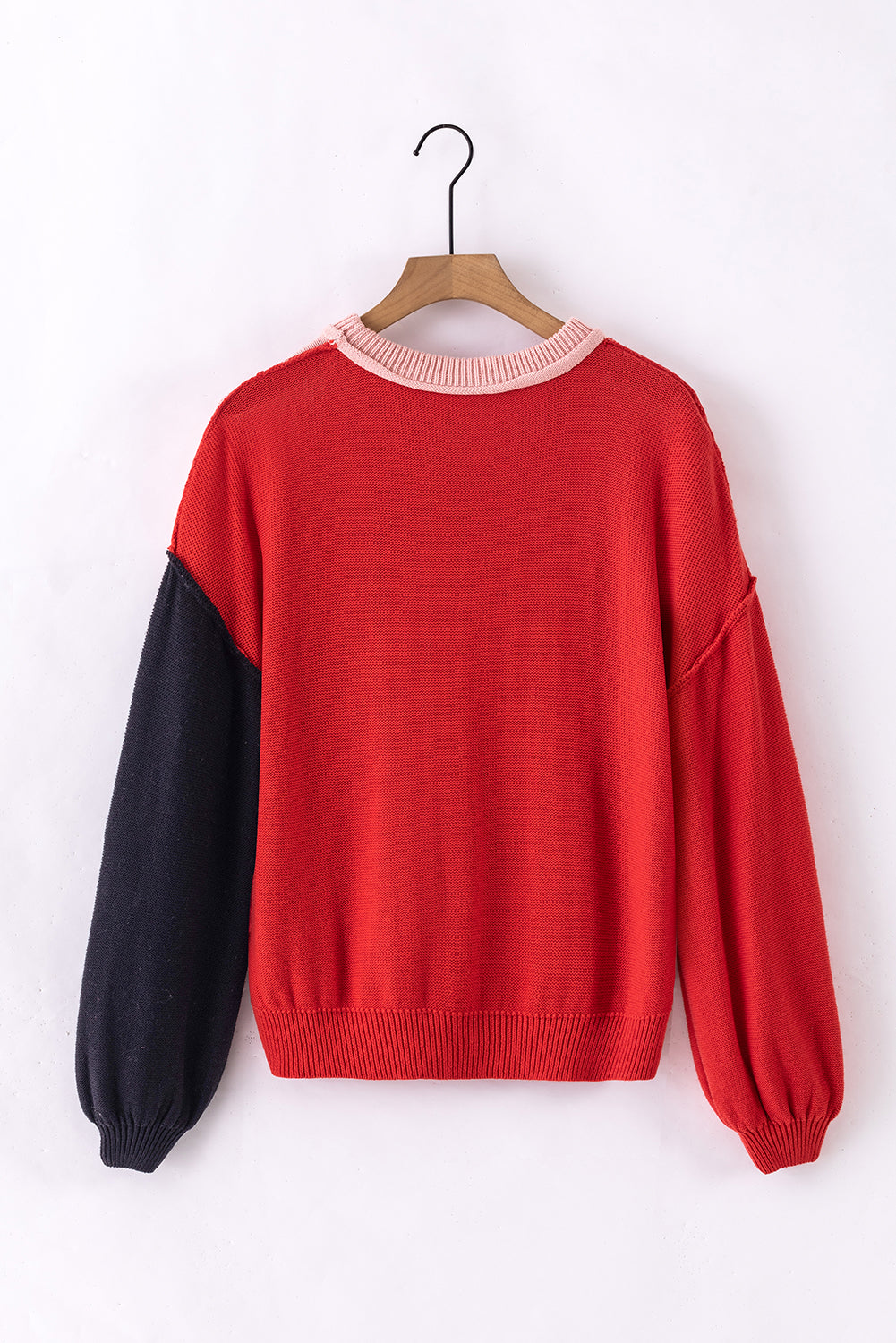 Pink Colourblock Bishop Sleeve Ribbed Trim Sweater eAura