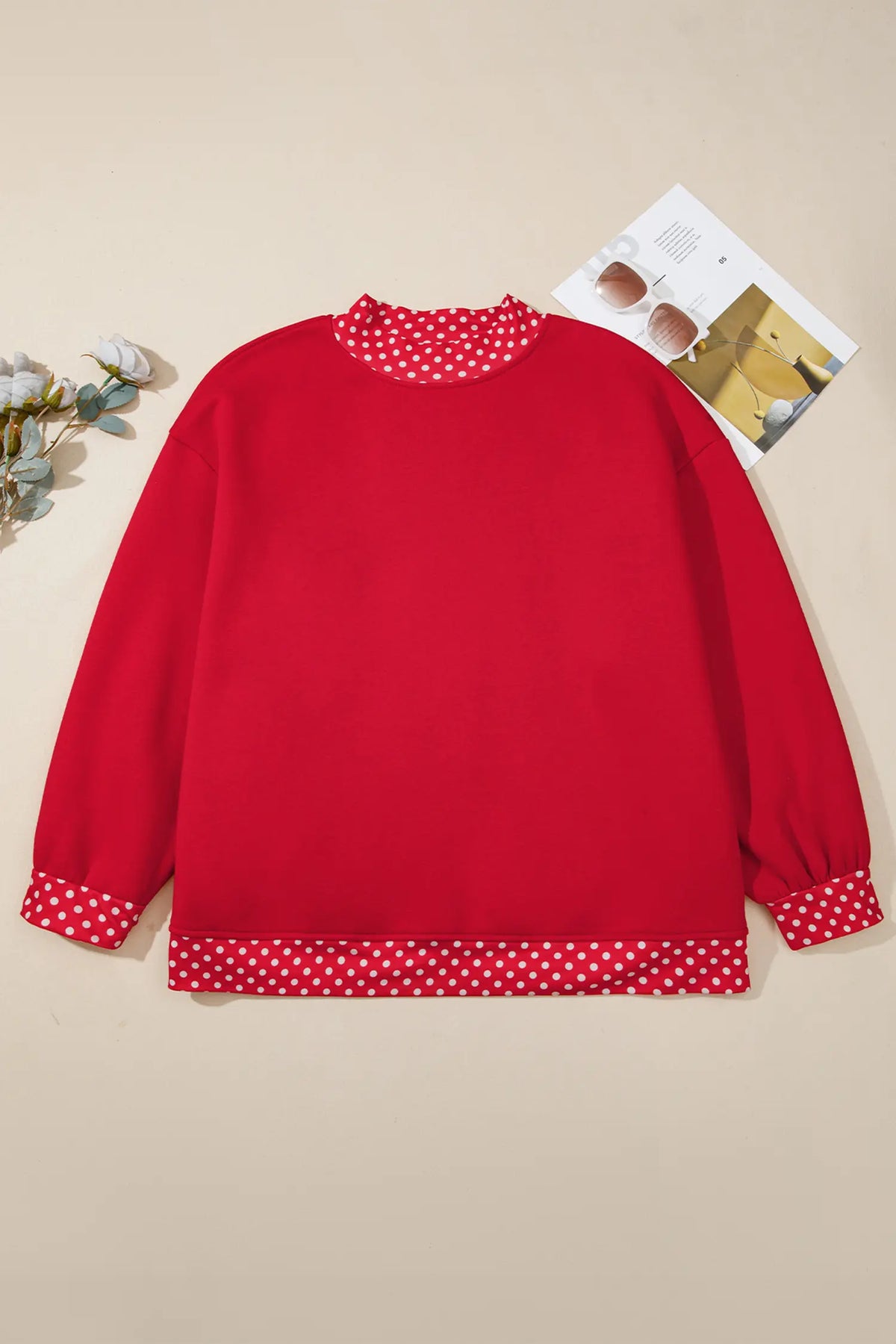 Polka Dot Patchwork Round Neck Plus Size Sweatshirt – Racing Red