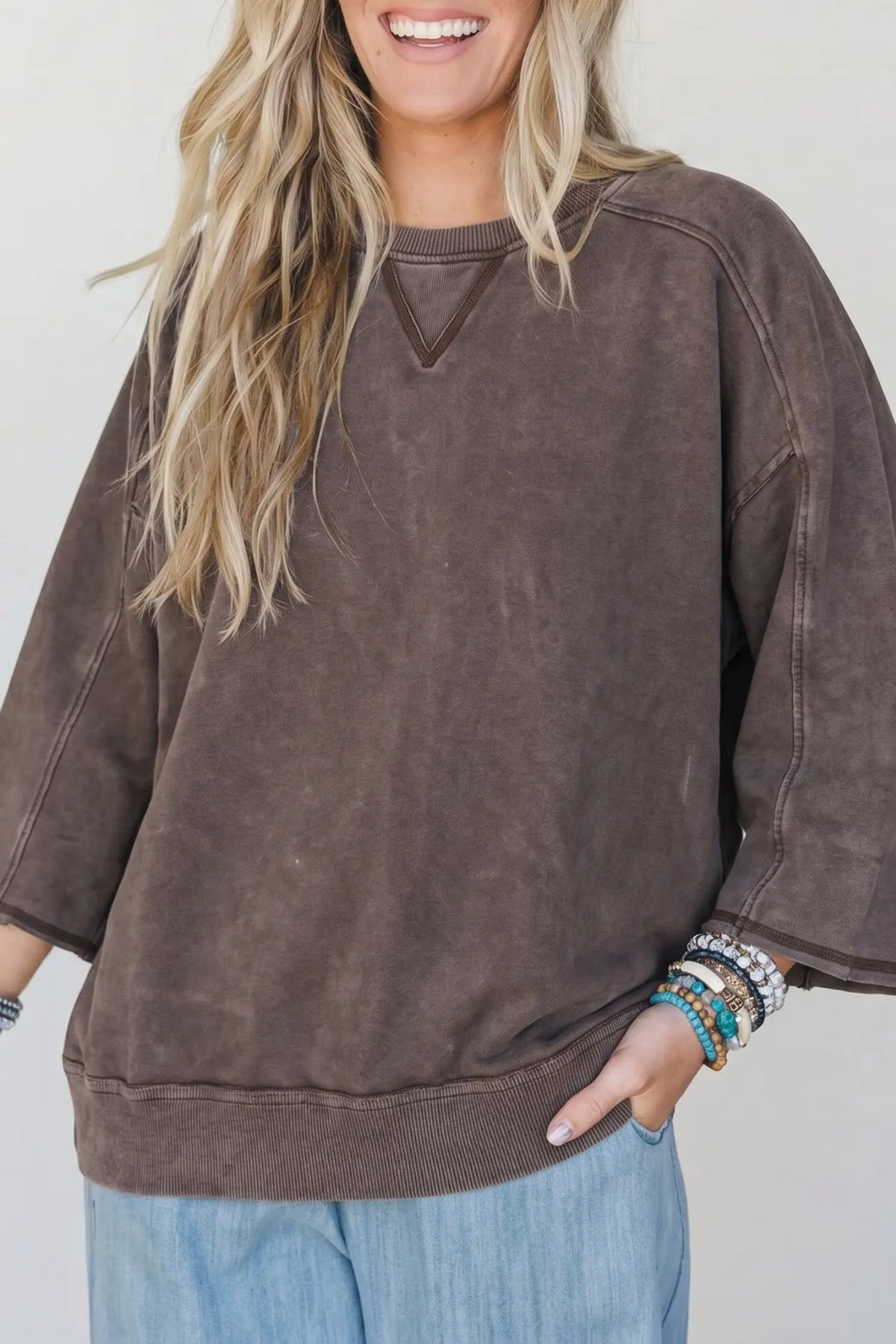 3/4 Sleeve Mineral Wash Loose Cotton Top – Dark Brown