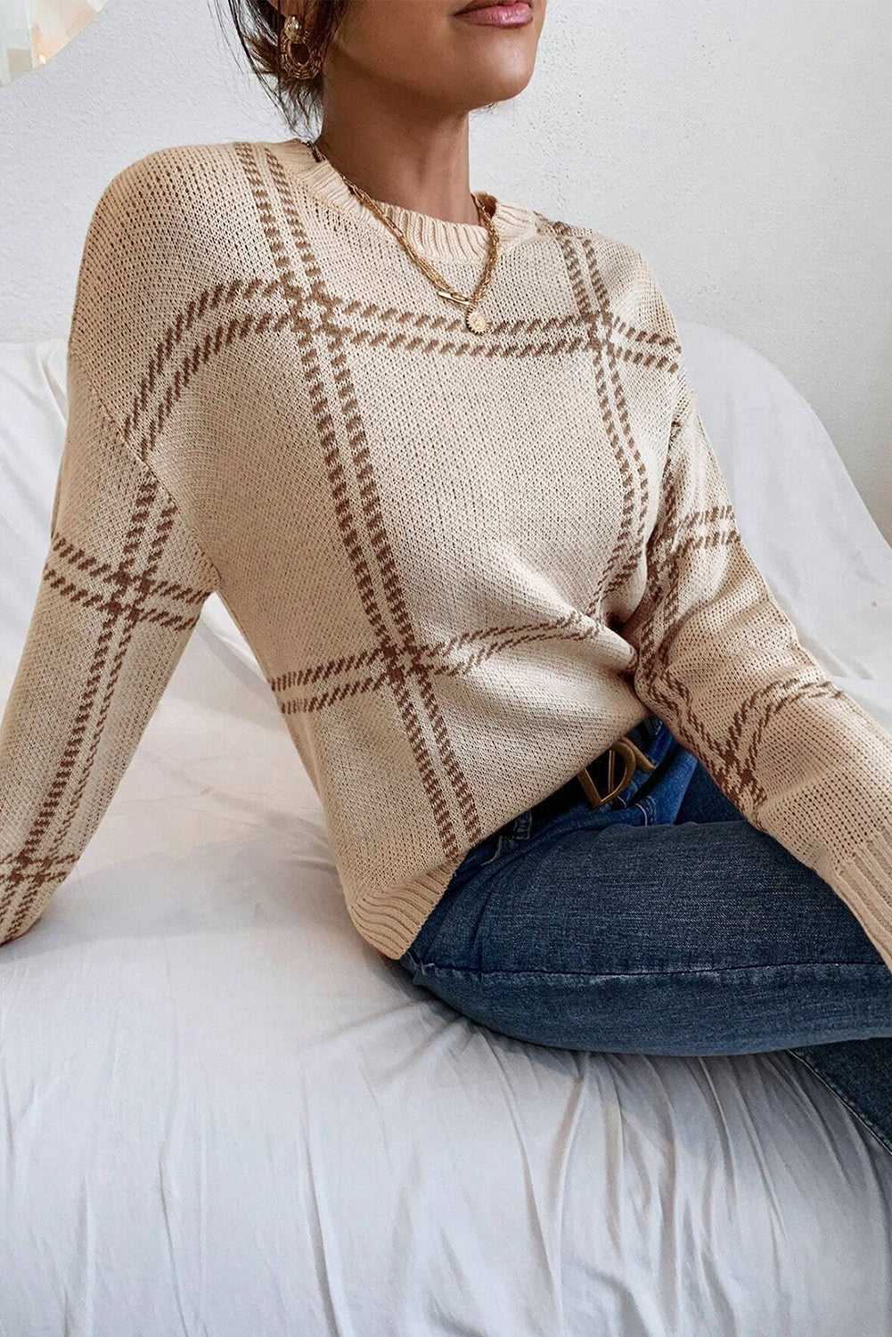 Khaki Plaid Pattern Knitted Drop Shoulder Sweater Beagle Boutique Fashion Outlet