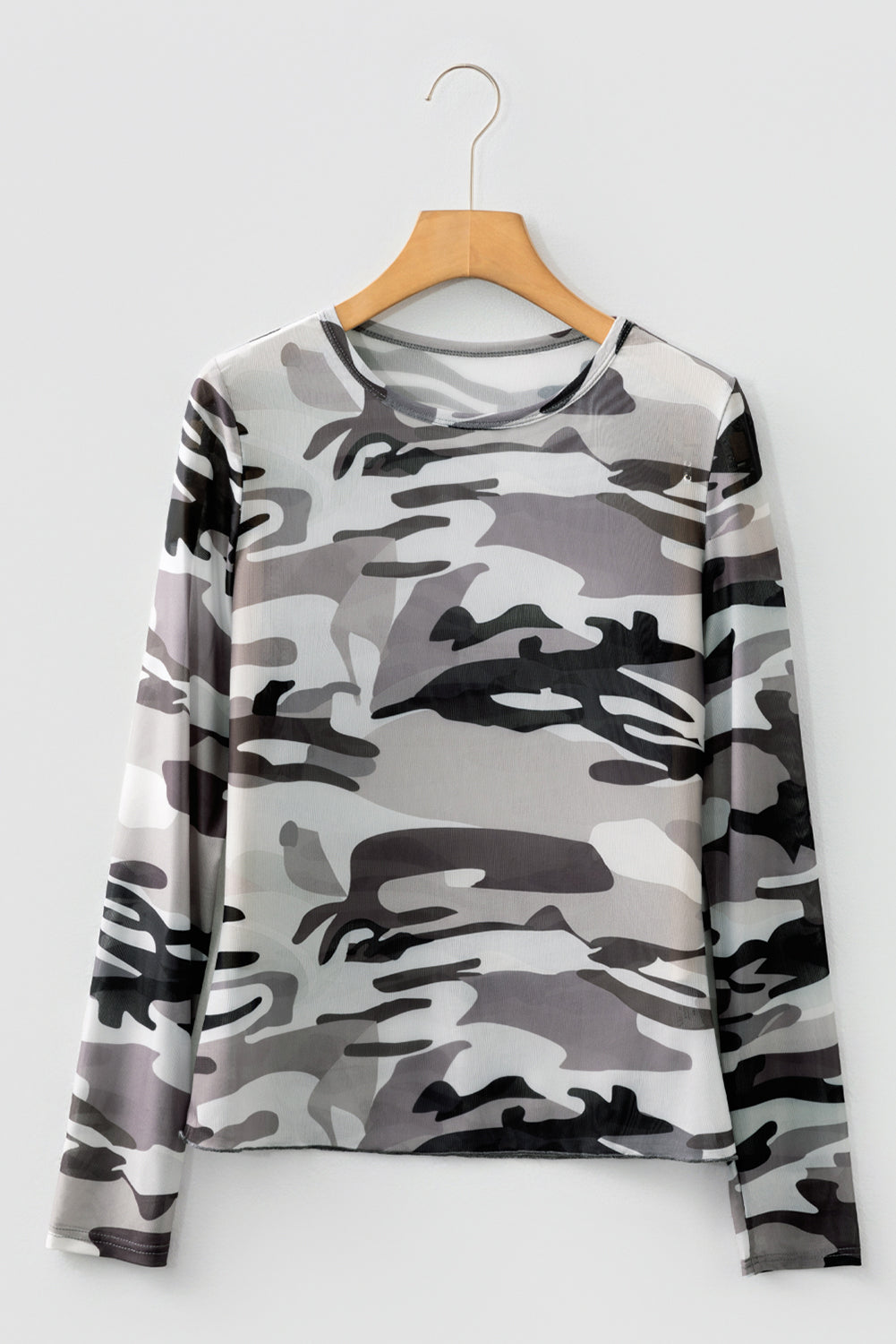Camouflage Print Mesh Long Sleeve Top - eAura