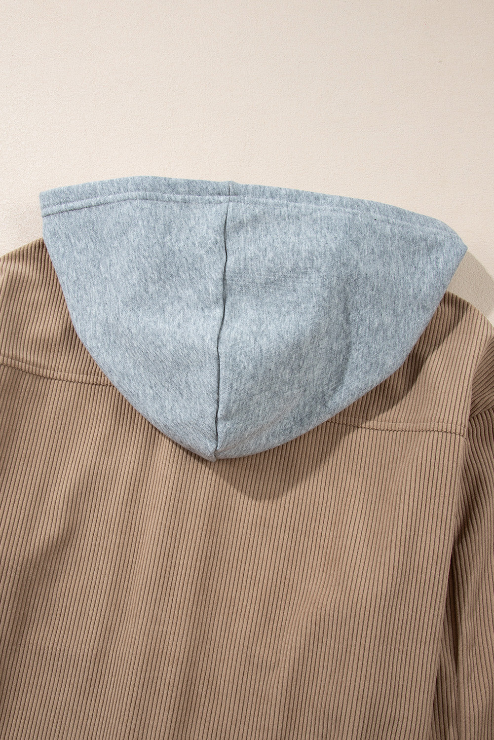 Pale Khaki Hooded Drawstring Pockets Corduroy Shacket eAura