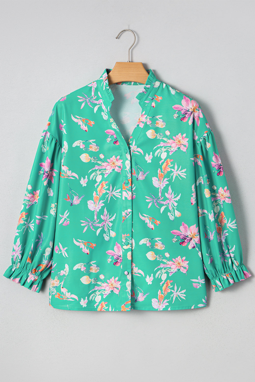 Green Floral Lantern Sleeve Button Front Shirt eAura