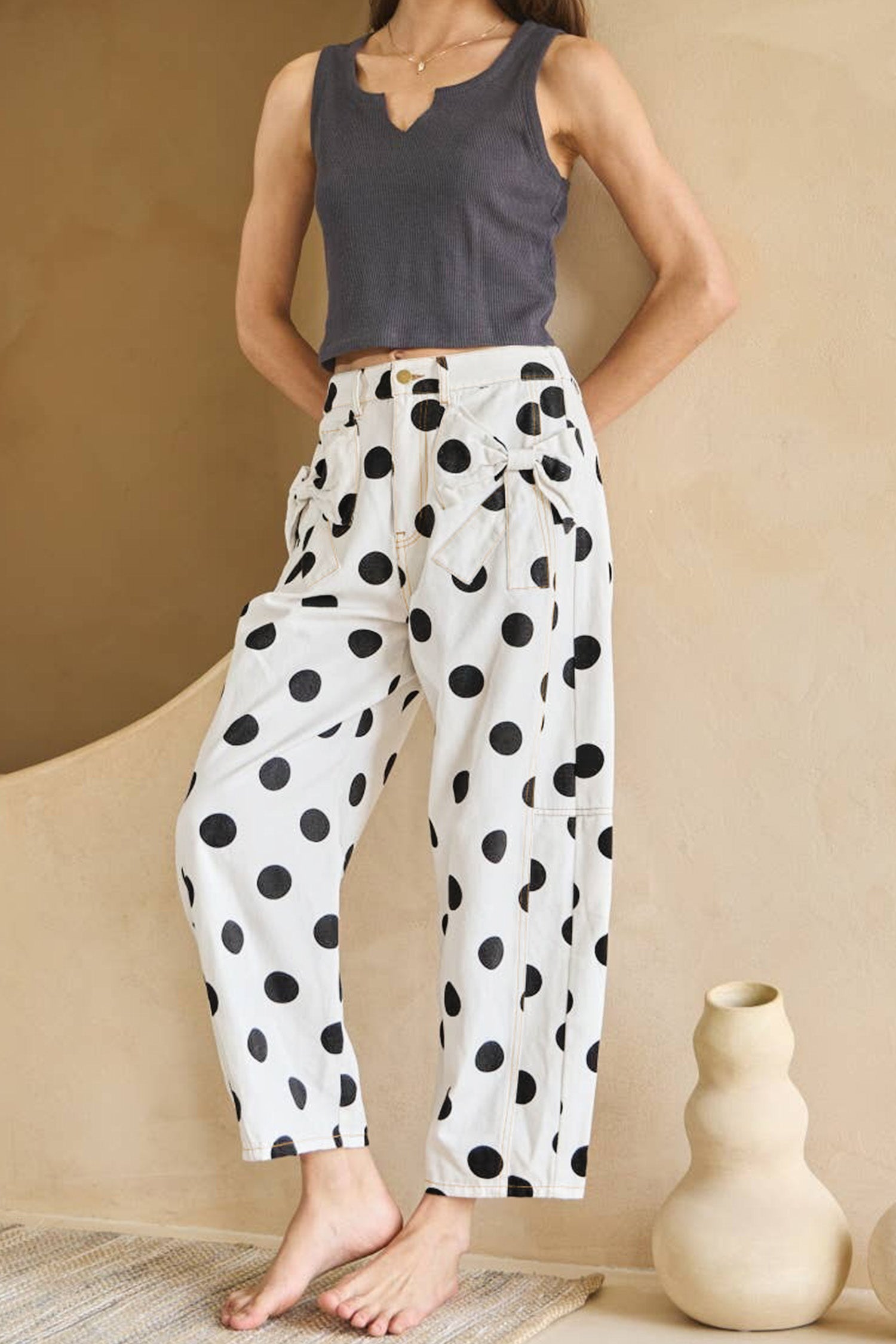 Polka Dot Print Bow Detail Pocketed Jeans